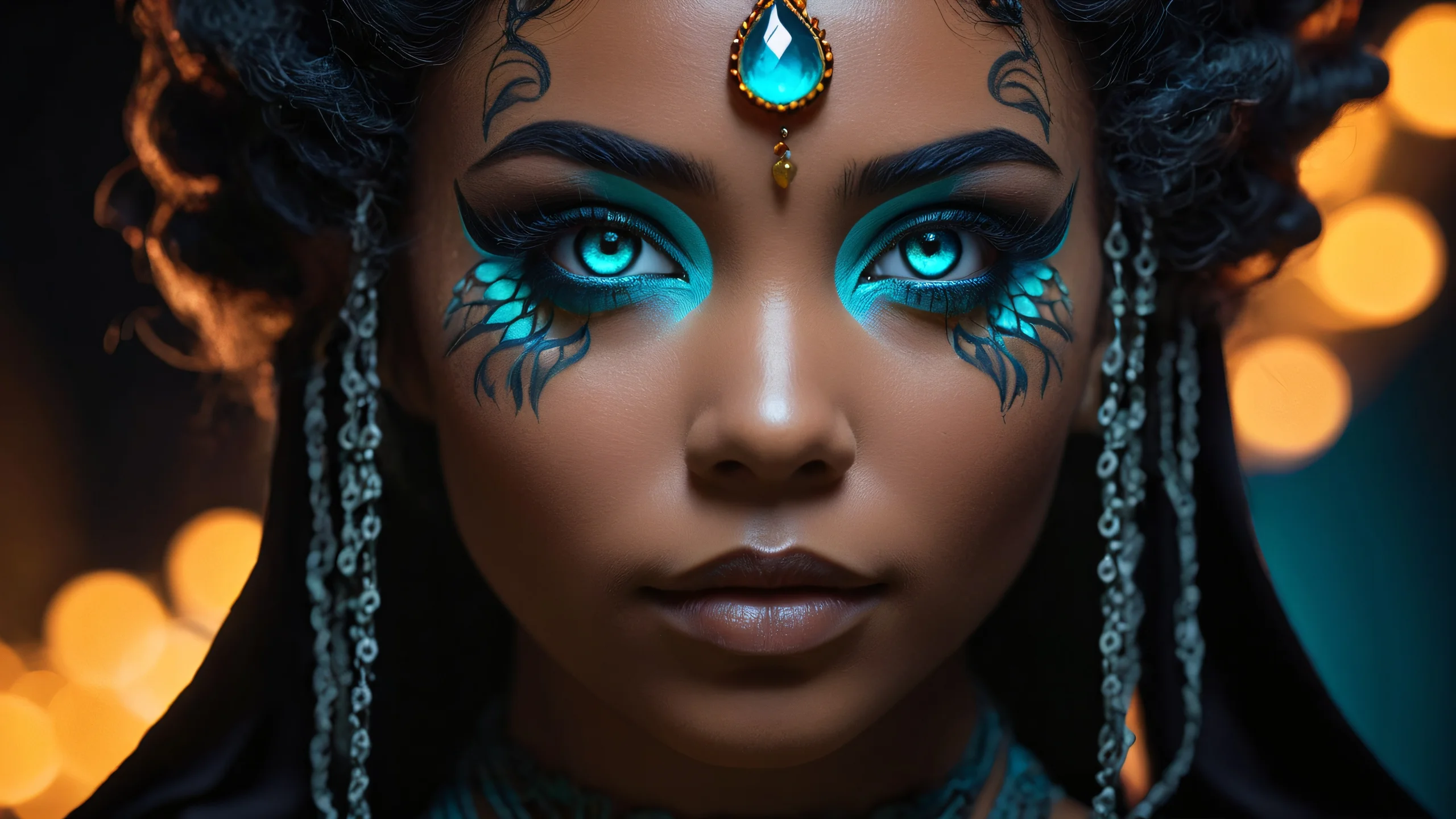 Stunning Mystic Sorceress Portrait 4K Wallpaper Portrait of a smug sorceress with glowing eyes and intricate markings.