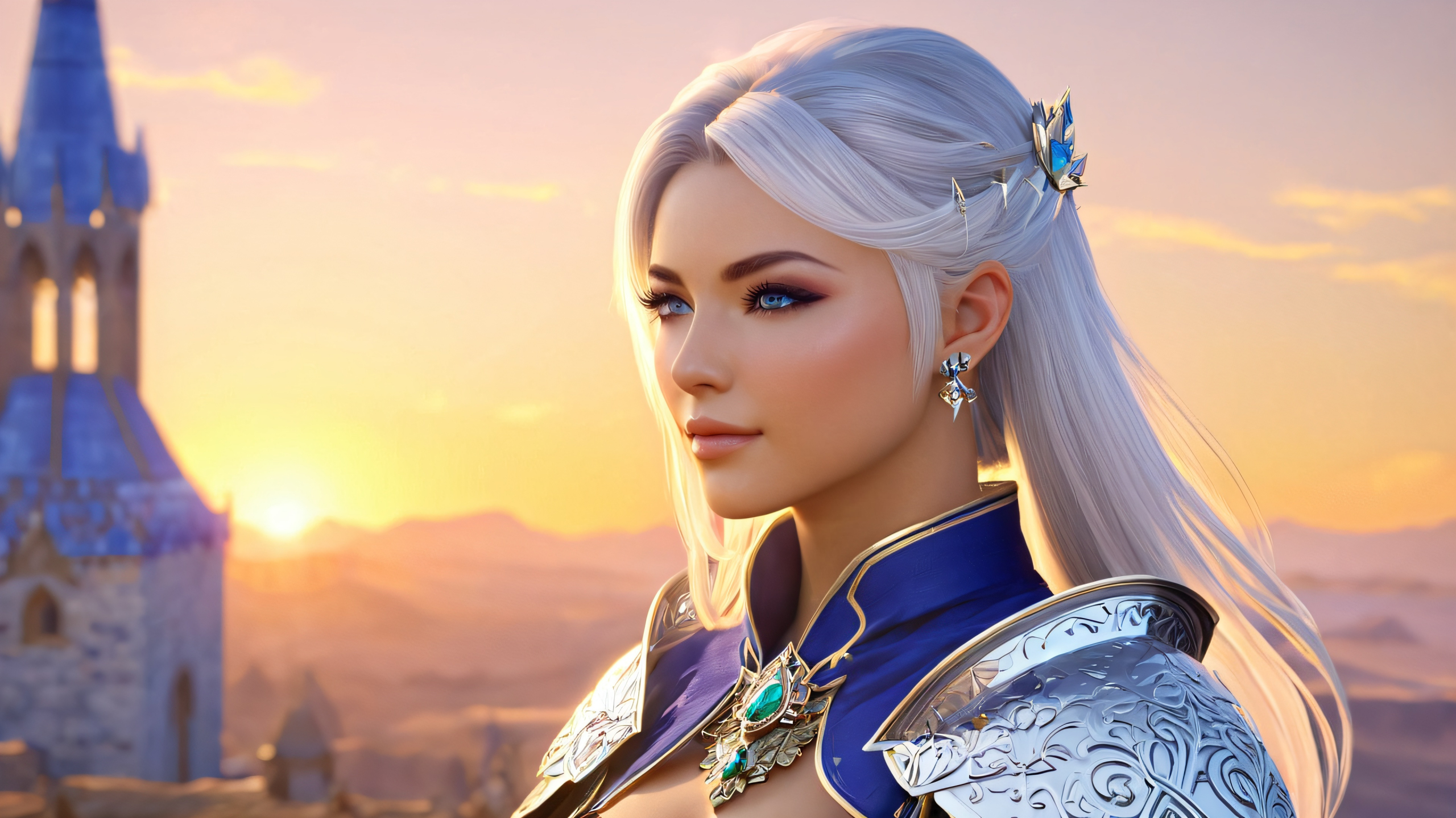 Mystic Ul'dah Sunset 4K UHD Widescreen A majestic Eorzean warrior maiden stands against the backdrop of a serene Ul'dah city-state at sunset, with a hint of luminescent runes on her armor for a desktop/pc