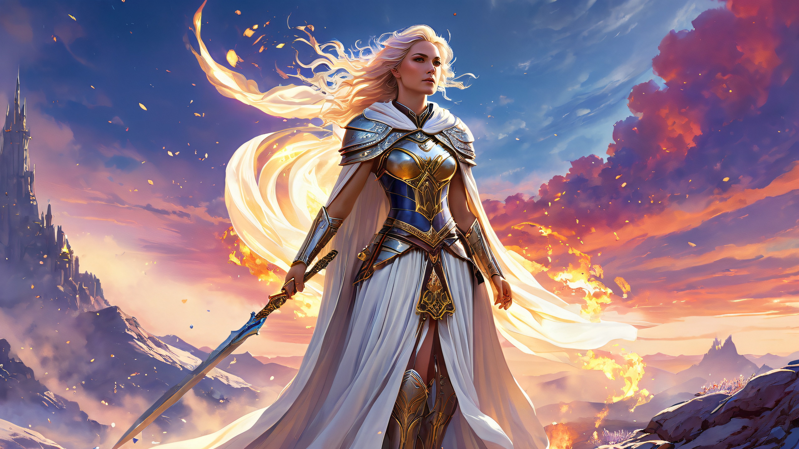 4K Mystic Warrior's Divine Fury Desktop Background A battle-hardened priestess stands on a mystical battlefield, with crumbling spires and swirling dark magic, suitable for Desktop/PC.