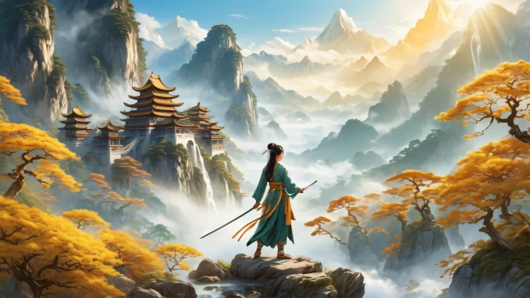 A serene fantasy landscape featuring women with swords and ancient mystical elements on a desktop/PC