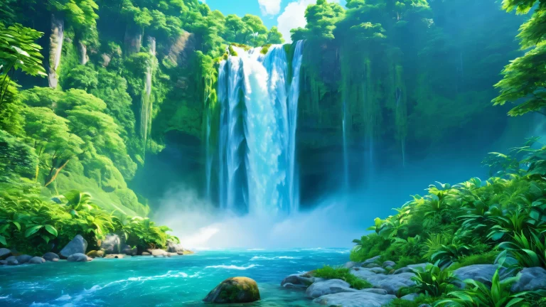 A serene waterfall scene with lush greenery and misty blue ambiance.