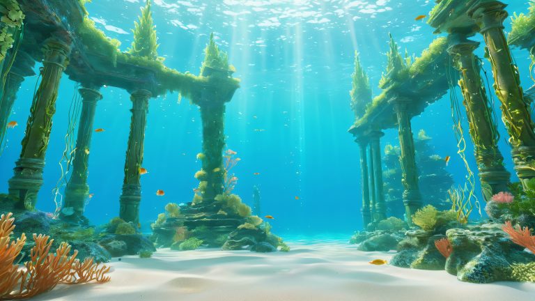 mystical ancient coastline 4k wallpaper with sunken city and iridescent fish scaled