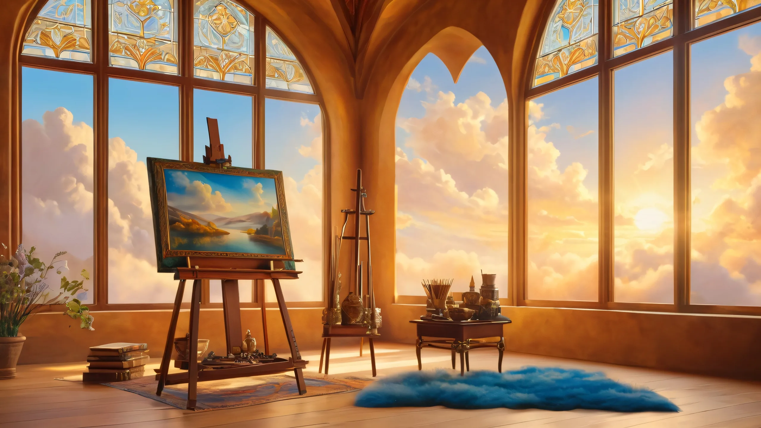 Mystical Artist's Sanctuary 4K UHD Widescreen A serene artist's studio with murals, art supplies, and ancient tomes, suitable for desktop/pc use.