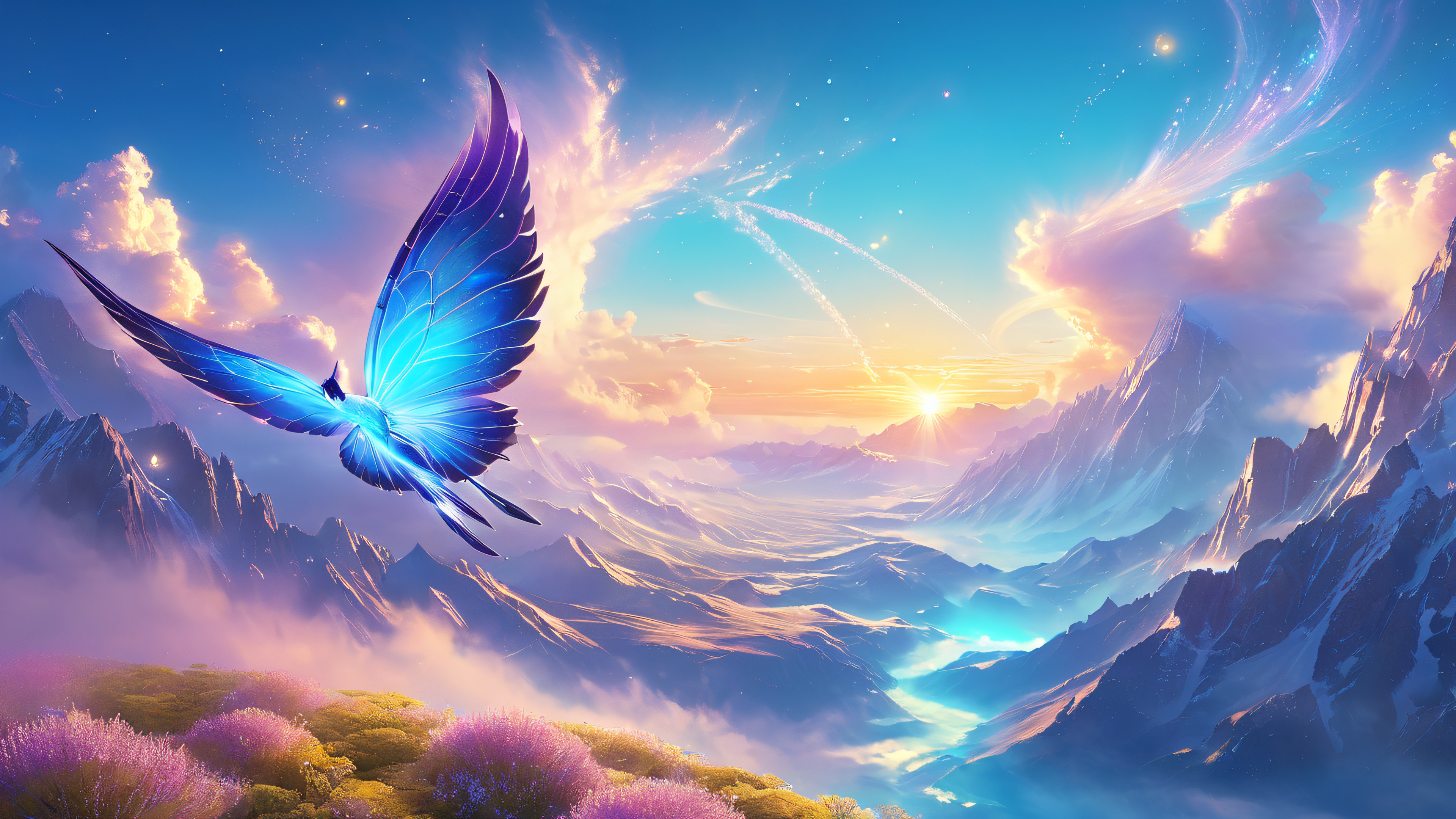 Majestic Bruce Leroy surrounded by swirling energy wisps, floating amidst iridescent clouds with ancient architecture in the distance