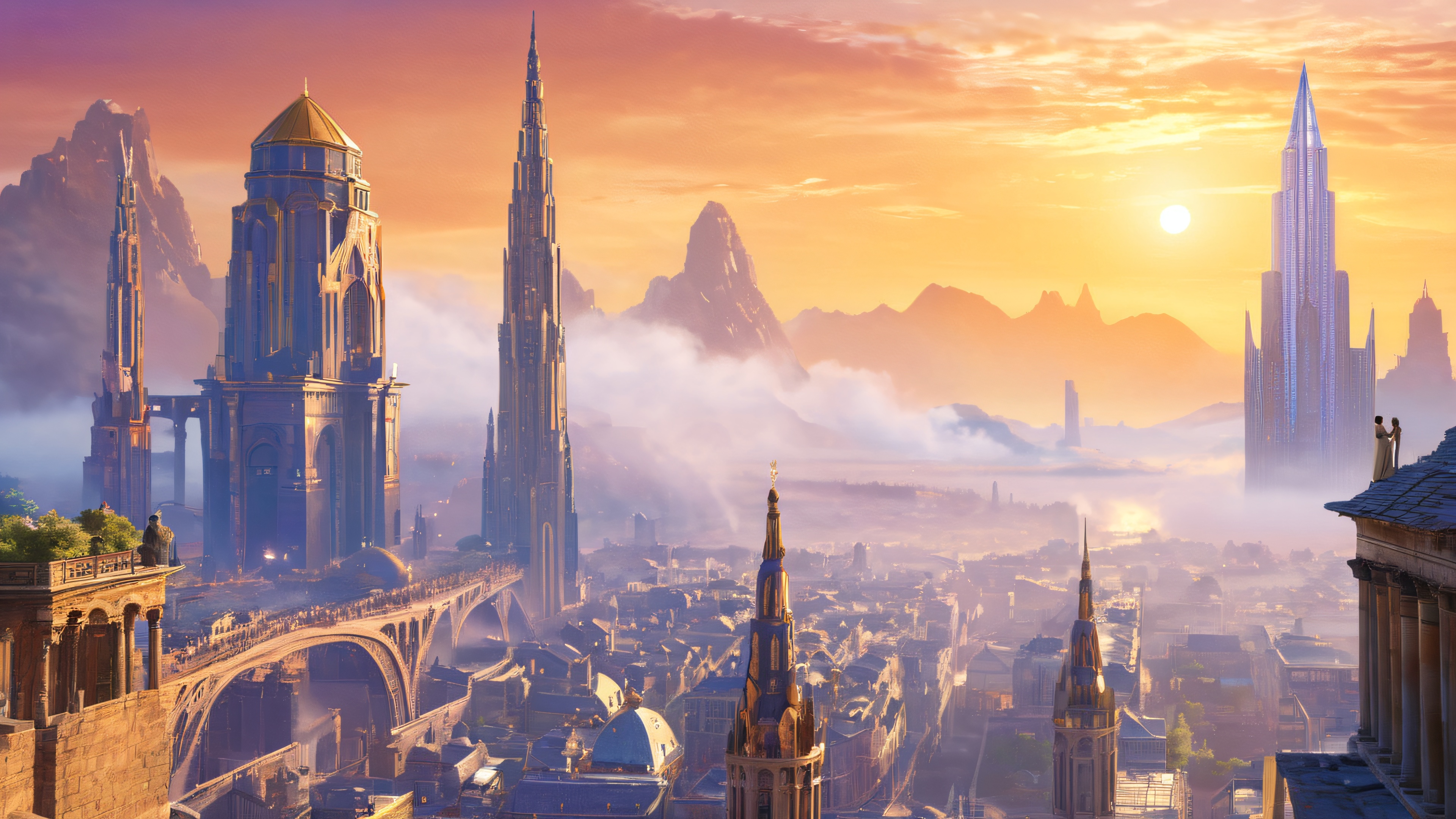 An ancient cityscape with crumbling spires and modern infrastructure, featuring a lone Allomancer figure and mystical mists