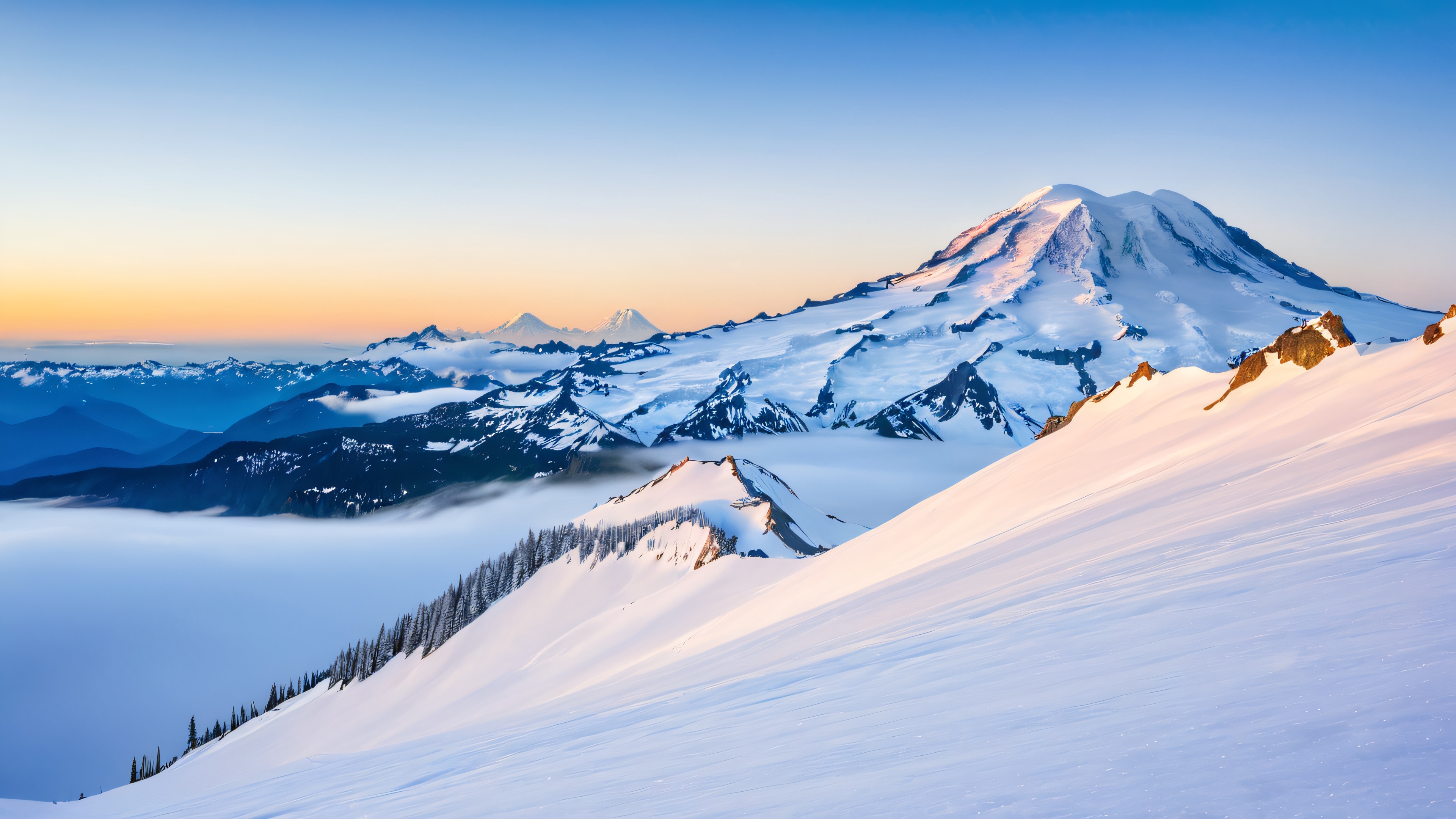 A serene and tranquil alpine landscape featuring a majestic cloud crown hovering above the snow-capped peak of Mount Rainier.