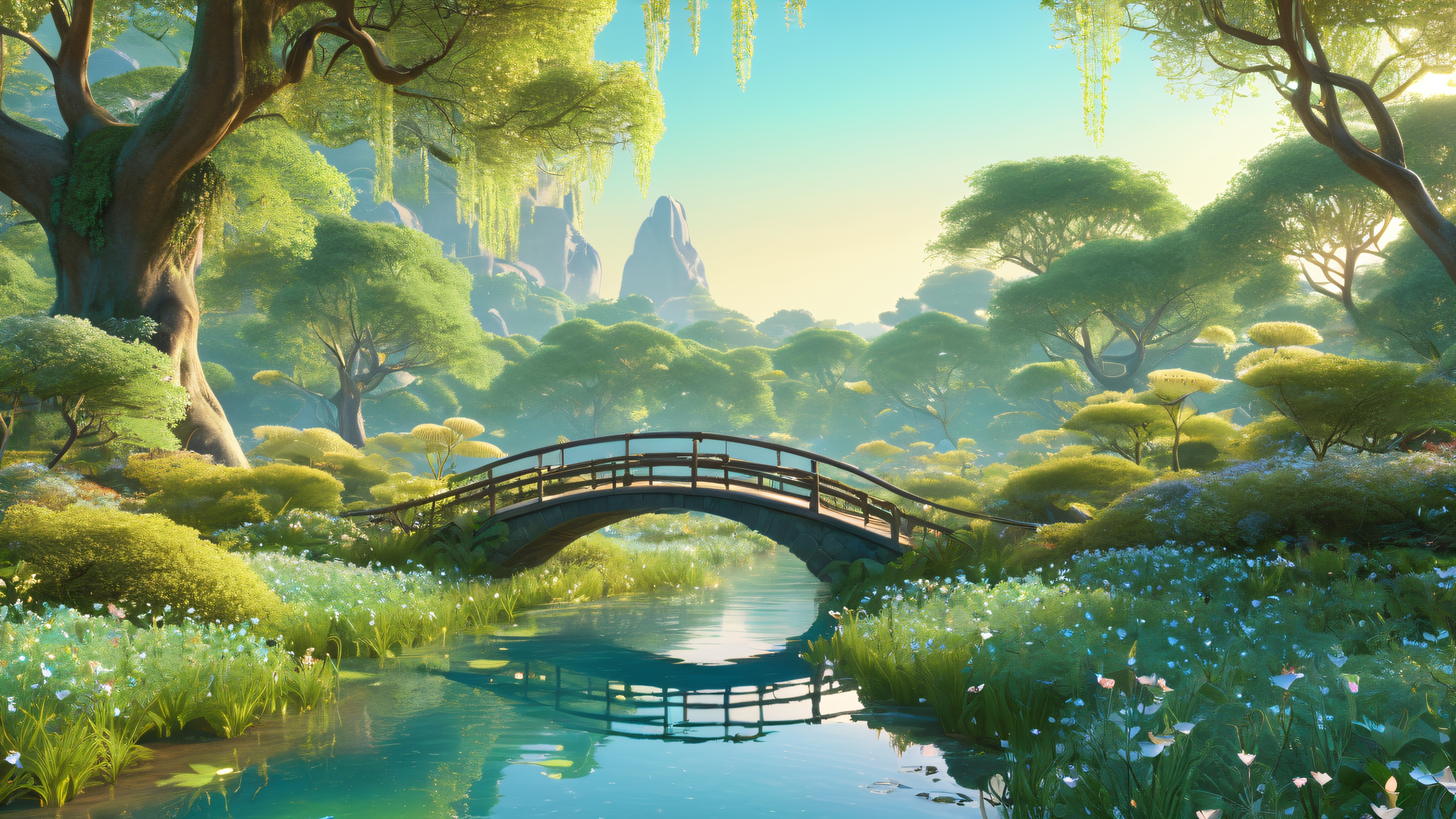 A serene and enchanting forest glade with ancient trees, a delicate bridge, and lotus flowers.