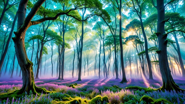 mystical forest glowing trees stardust leaves fantasy wallpaper scaled