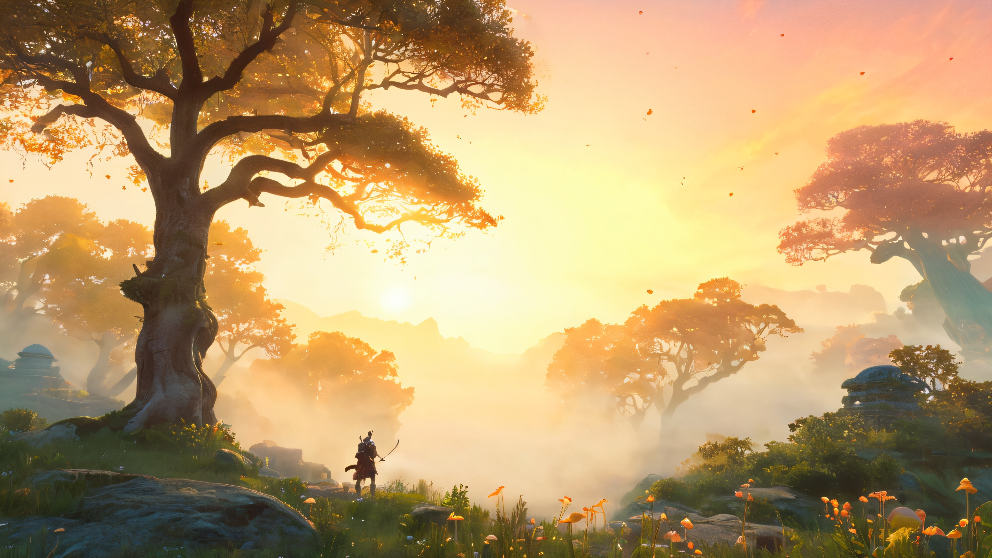 A serene mystical forest with glowing lanterns, ancient ruins, and mythical creatures amidst a halo of golden light.