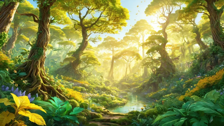 Ethereal mystical forest desktop wallpaper for PC or Desktop with lush vegetation, soft golden hues and vibrant colors.