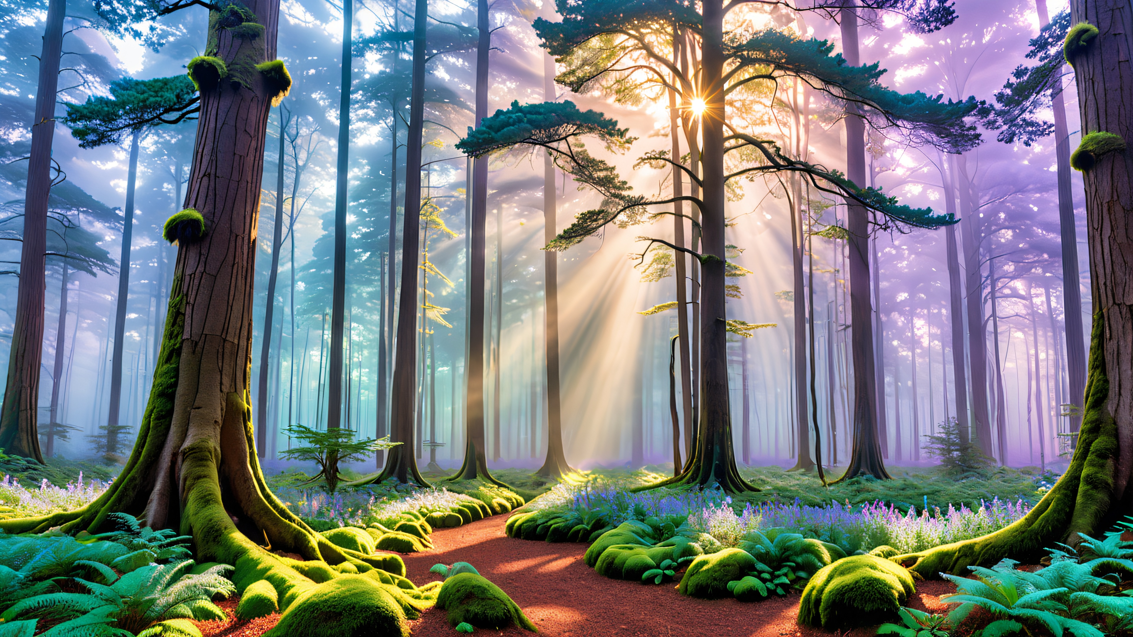 A serene and otherworldly forest scene featuring glowing orbs and misty tendrils