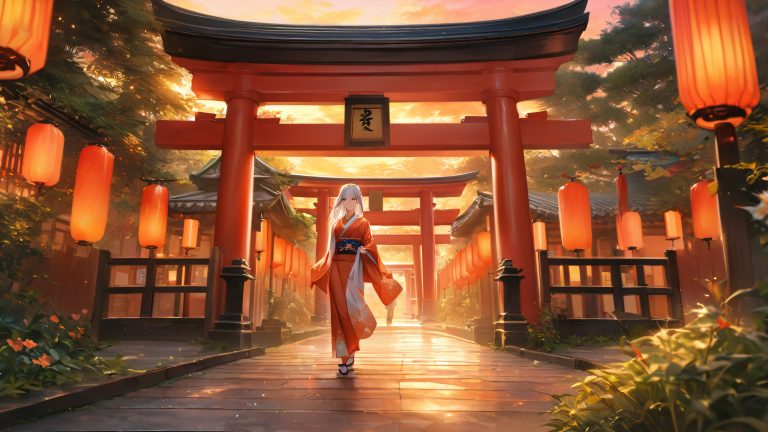 mystical japan kimono woman torii gate 4k wallpaper scaled