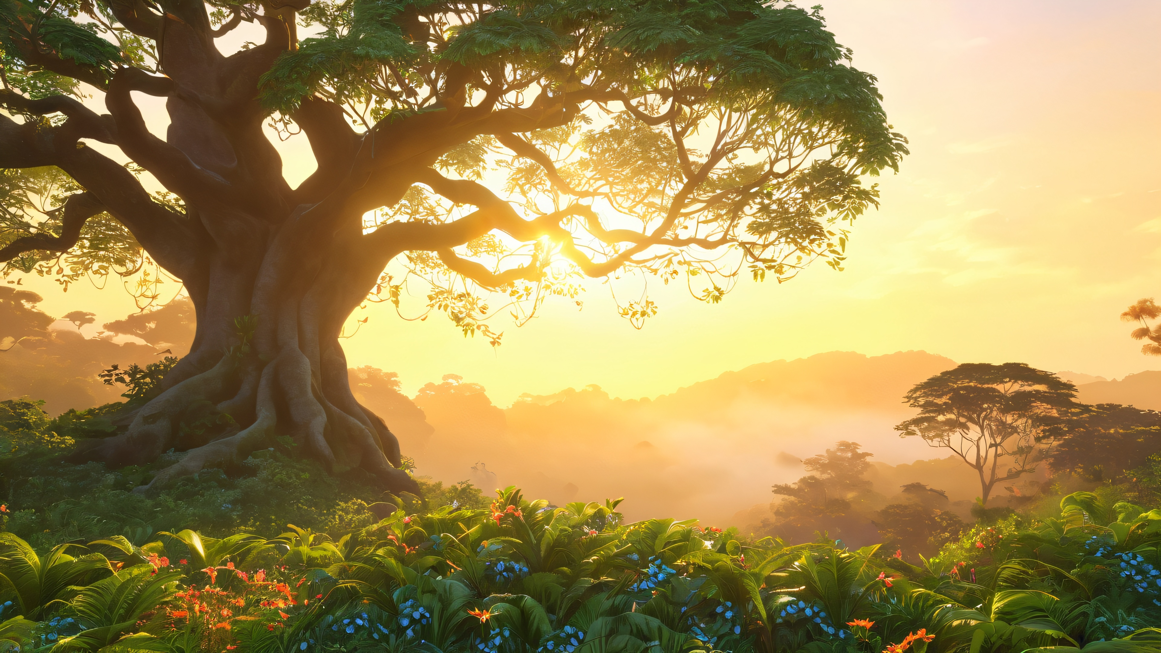 Serene jungle clearing with a majestic tree, lush foliage, and a hint of misty fog, perfect for a 4K desktop wallpaper.