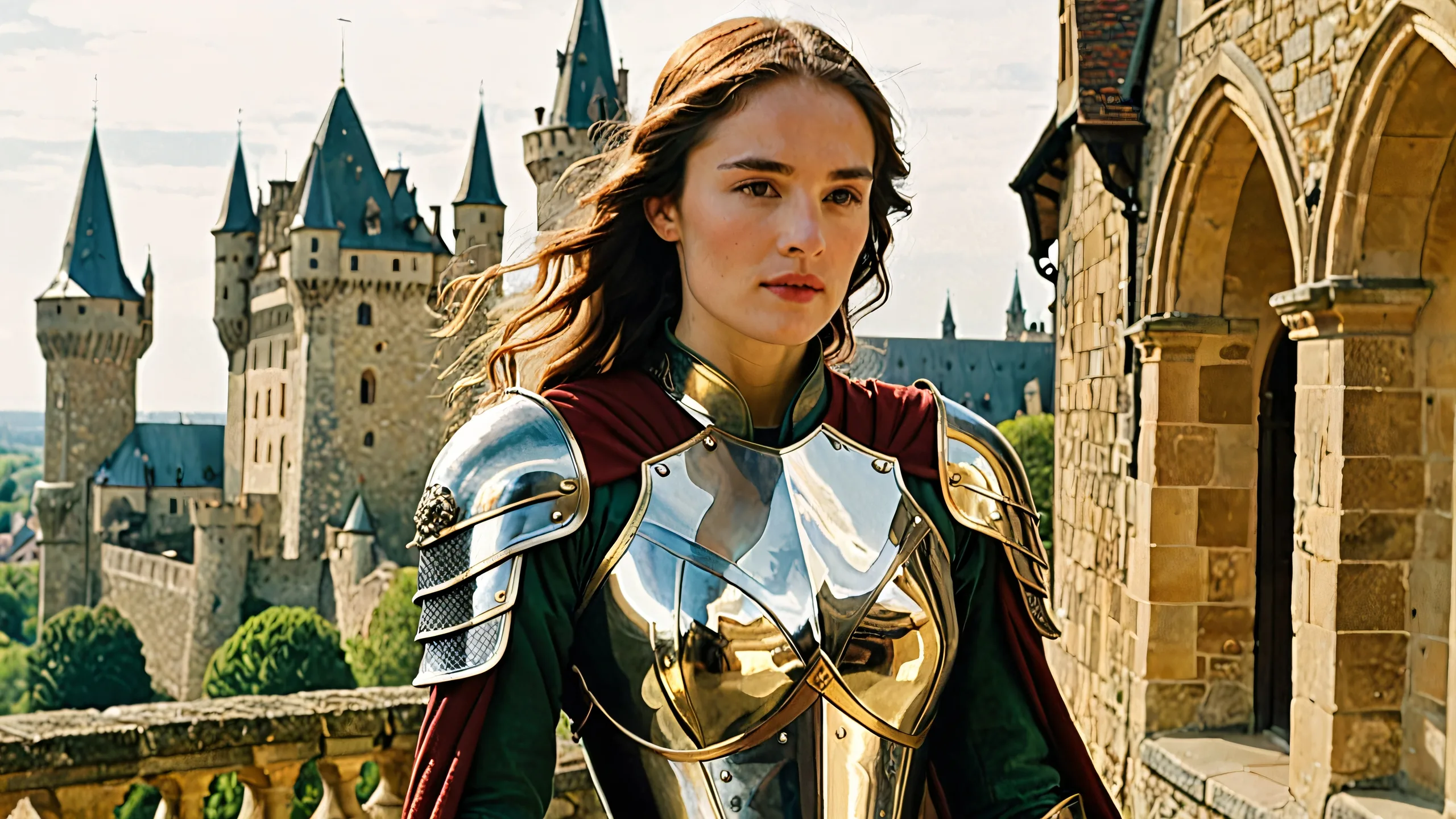 Mystical Maiden's Golden Hour 4K UHD Wallpaper A confident young adult female, dressed in medieval-inspired armor and accessories, stands assertively against a mystical overcast backdrop featuring a medieval city with castle and tower structures, amidst trees and flowers. Desktop/PC.