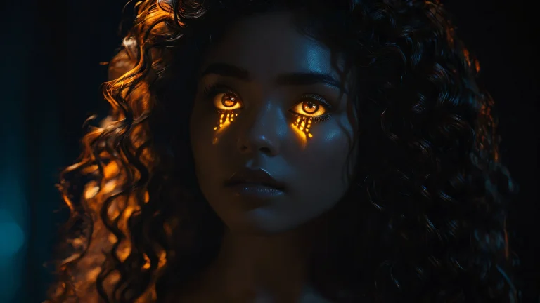 A mystical maiden with wavy hair and glowing amber eyes against a dark background.