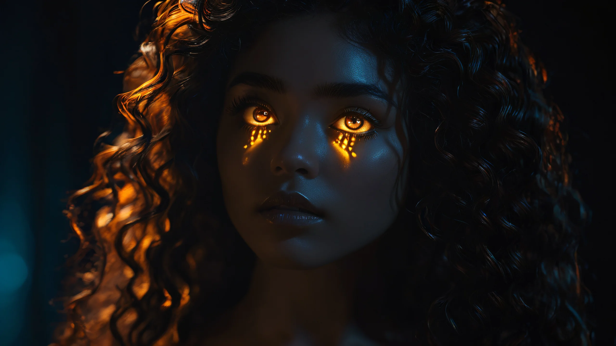 Epic Mystical Maiden Noir 4K Desktop Wallpaper A mystical maiden with wavy hair and glowing amber eyes against a dark background.