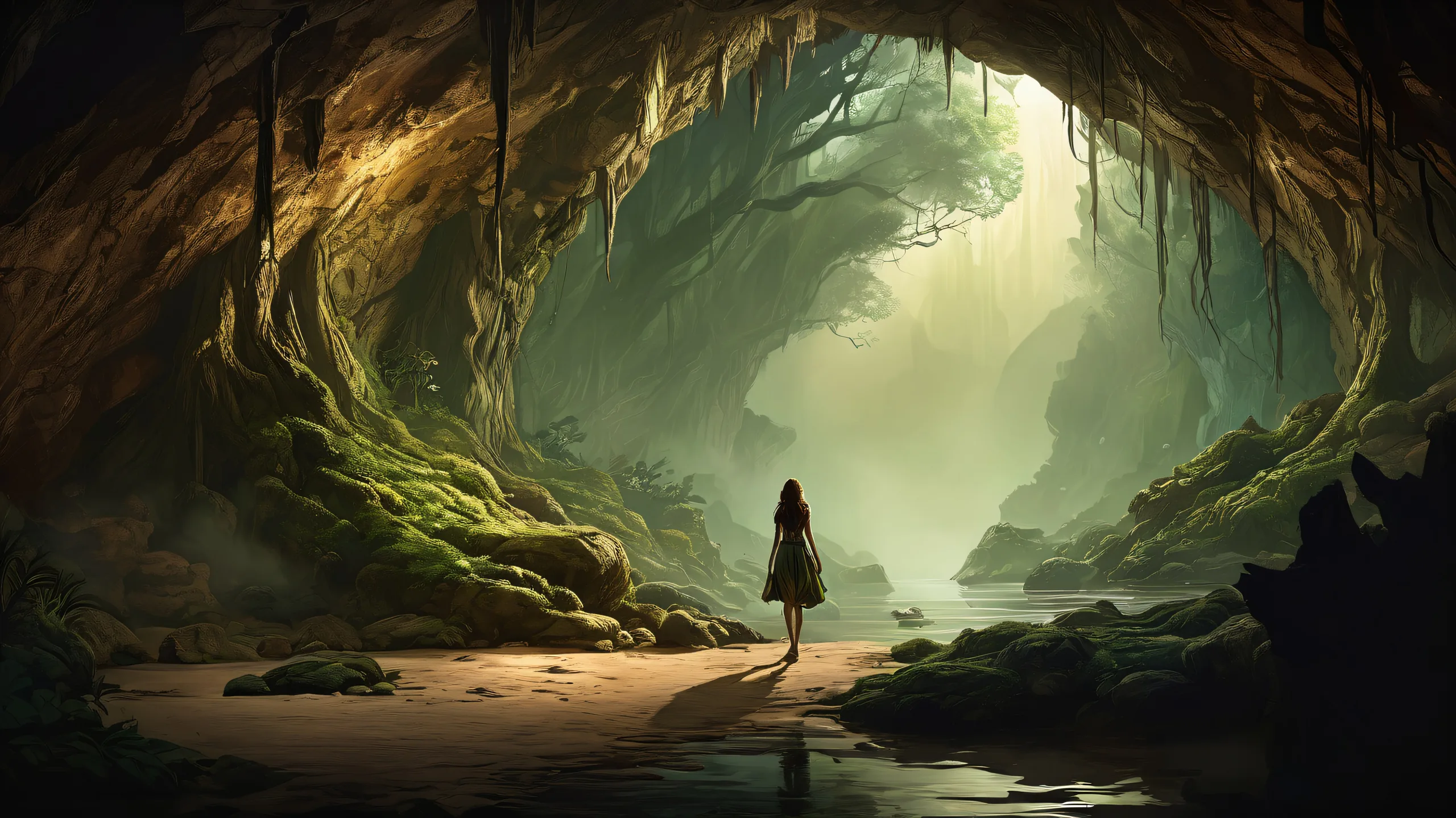 A mystical forest or cave setting with a female figure, perfect for desktop use. Suitable for PC or laptop.