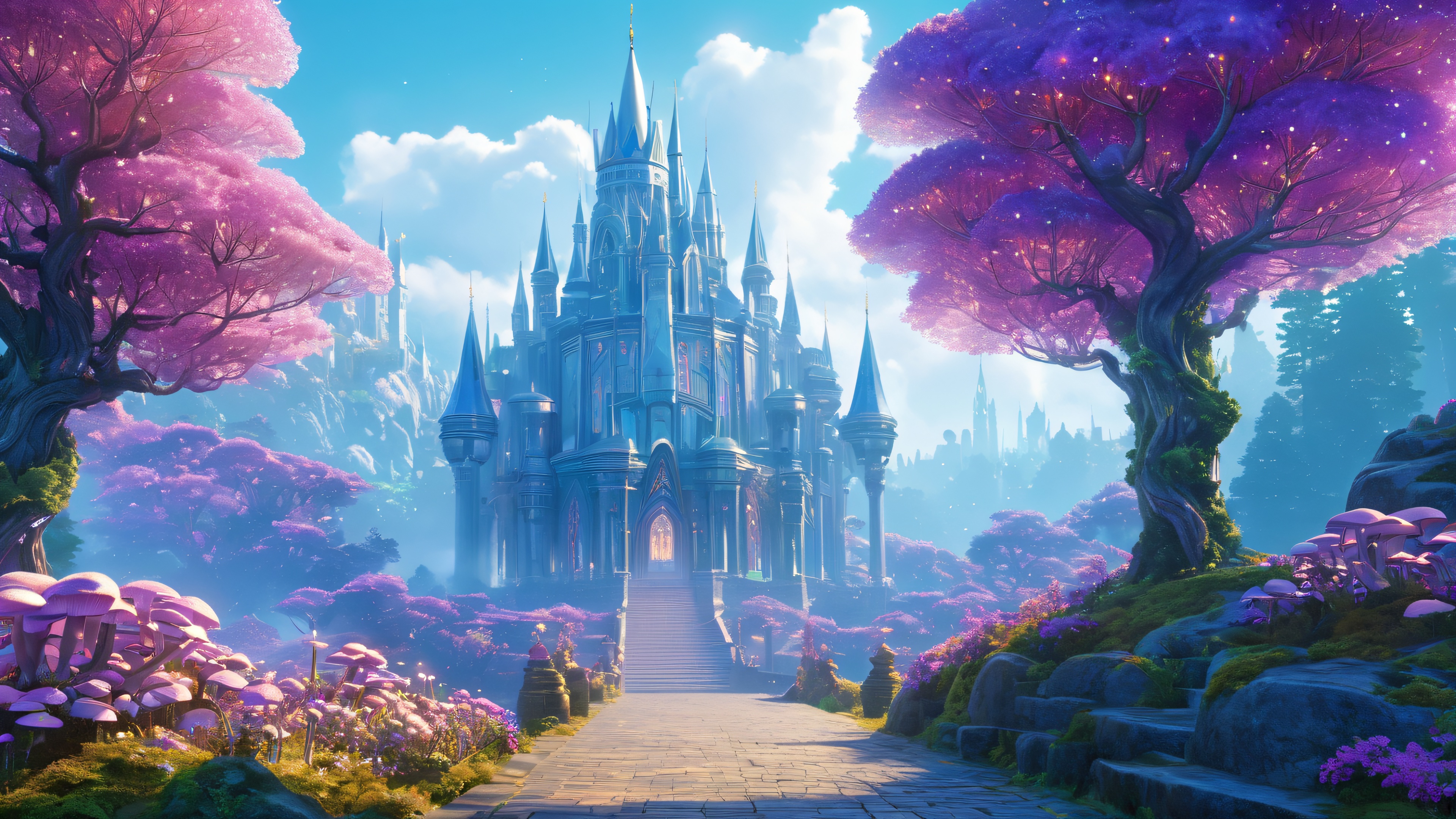 A stunning 4K wallpaper of a mystical metropolis surrounded by a dreamlike forest, featuring ancient and modern architecture, gemstones, and crystals.