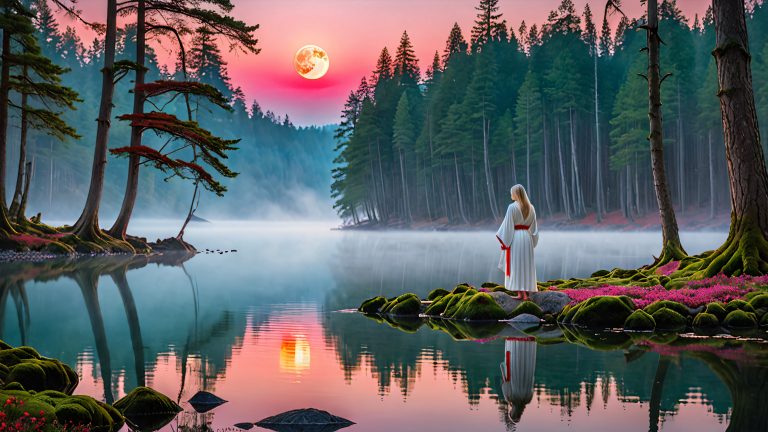 mystical moonlit lake solitary figure contemplation scaled