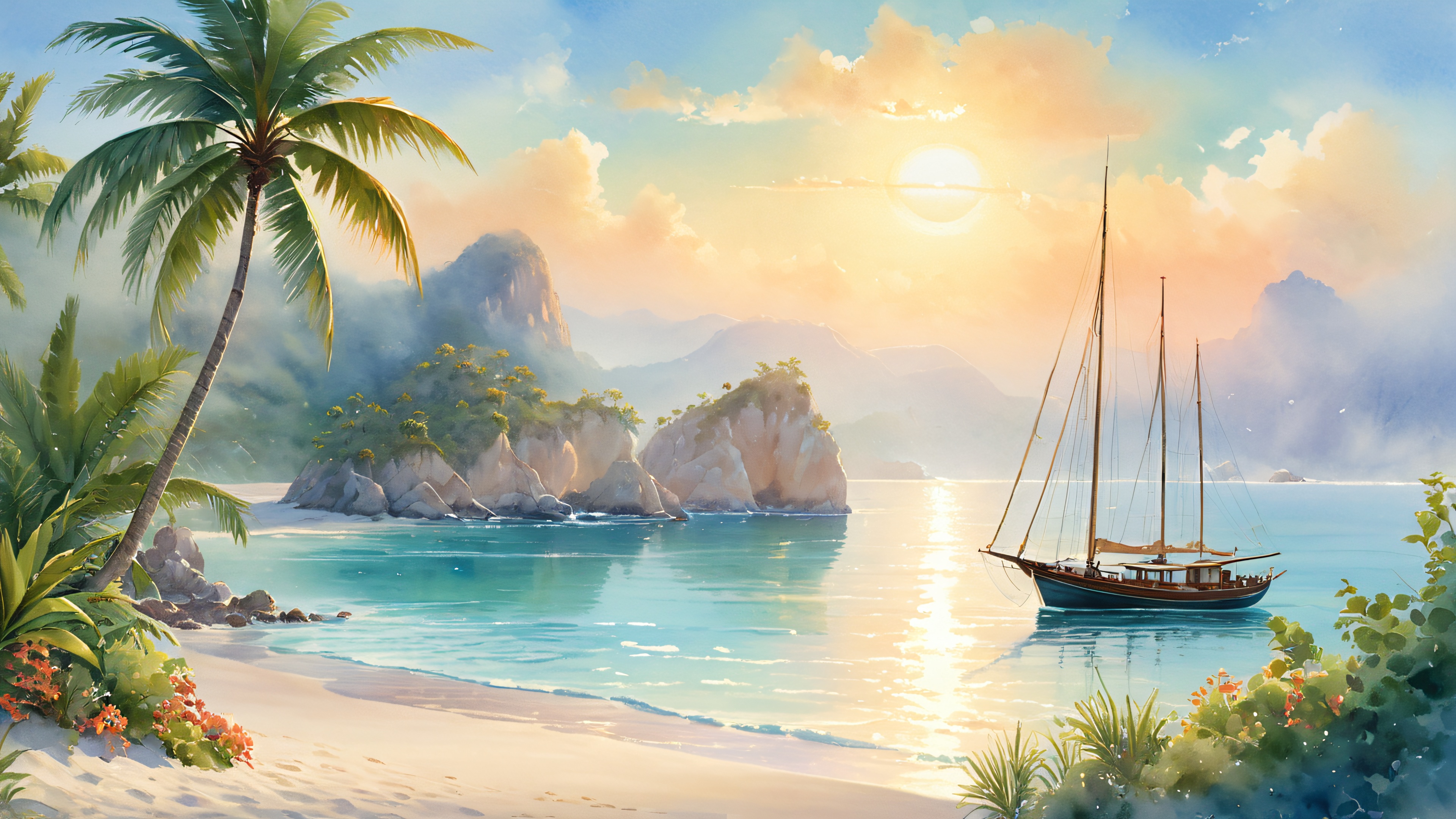 Serene oceanic lagoon with sailboat, islands, and palm trees