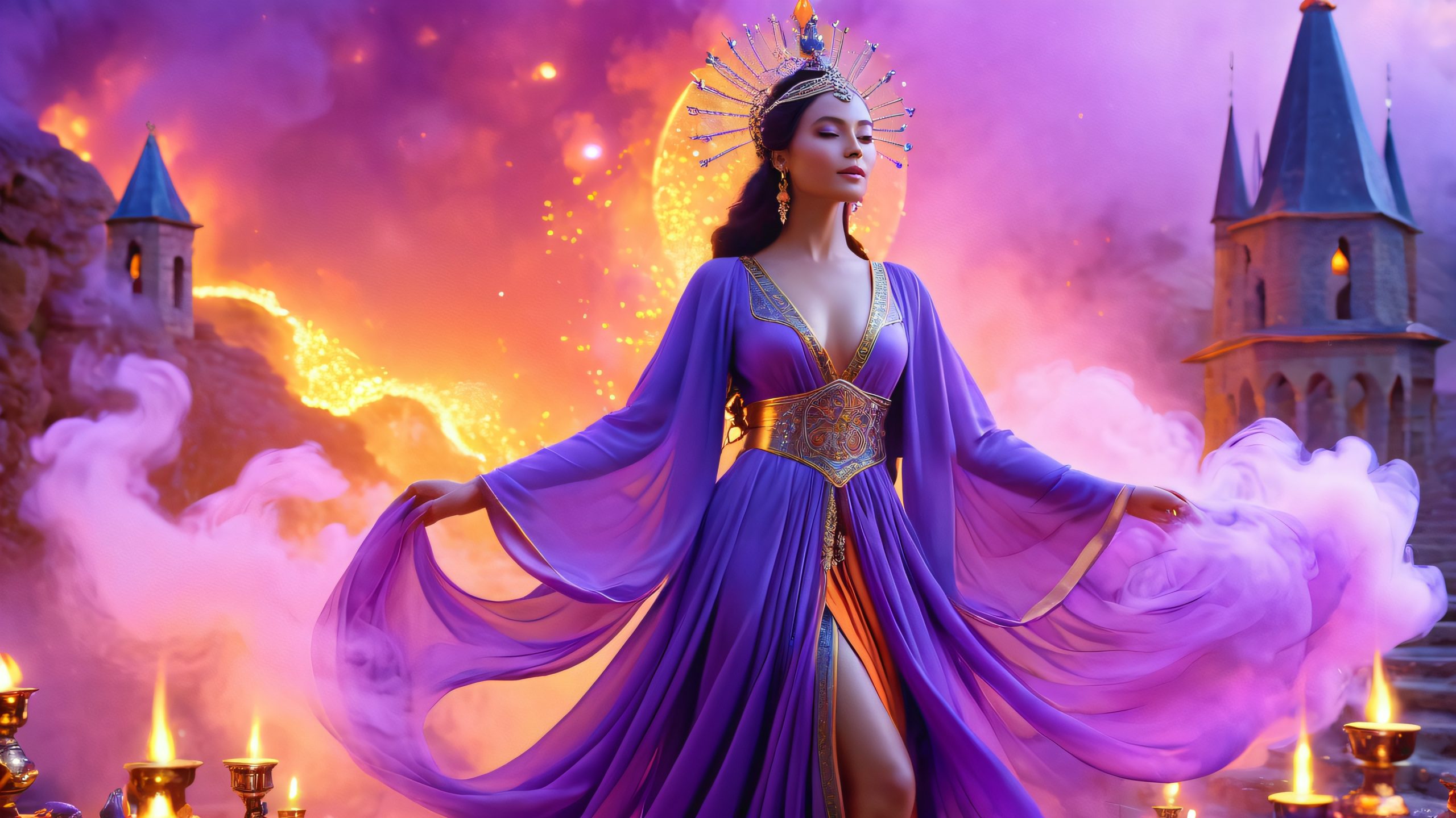 A gathering of powerful female figures standing amidst swirling purple smoke and candlelight, conjuring a radiant portal on a mystical, dreamlike realm. For Desktop/PC use.