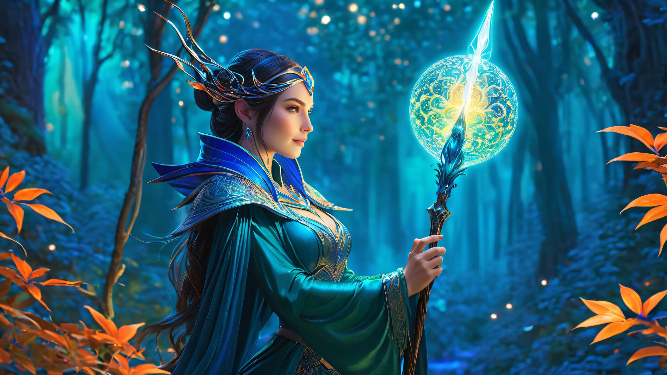 Ultra HD Mystical Sorceress's Arcane Domain Wallpaper A majestic sorceress stands tall on a mystical forest glade, her powerful wand glowing with ancient magic. Desktop/PC background.