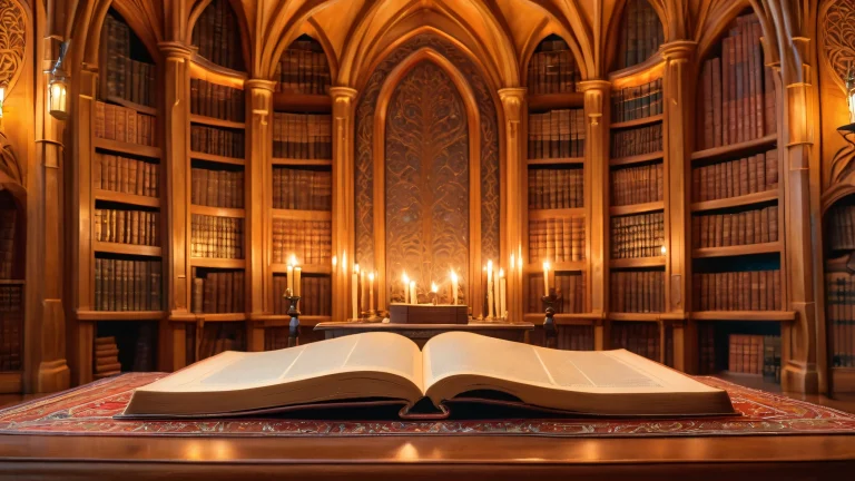 A bespectacled hobbit sits amidst a grand library, surrounded by candles, magical artifacts and ancient tomes on desktop/pc.