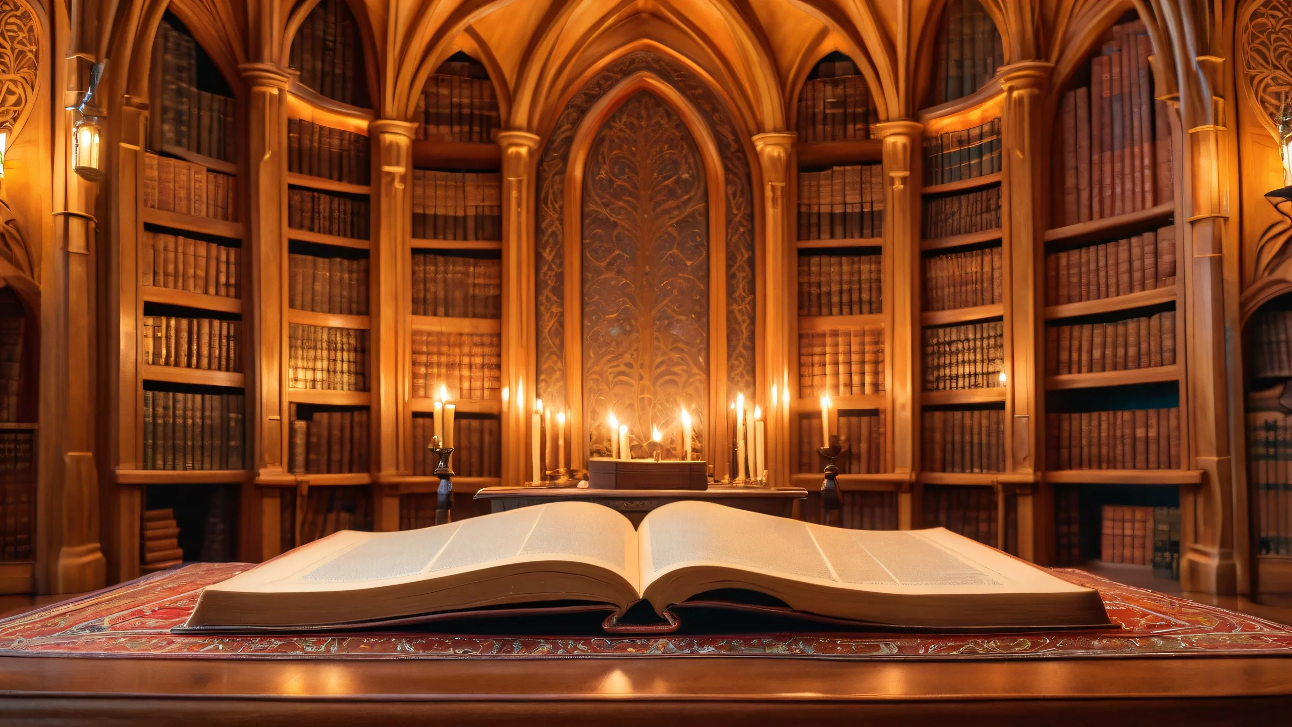 Mystical Study Chamber Aesthetic PC Wallpaper A bespectacled hobbit sits amidst a grand library, surrounded by candles, magical artifacts and ancient tomes on desktop/pc.