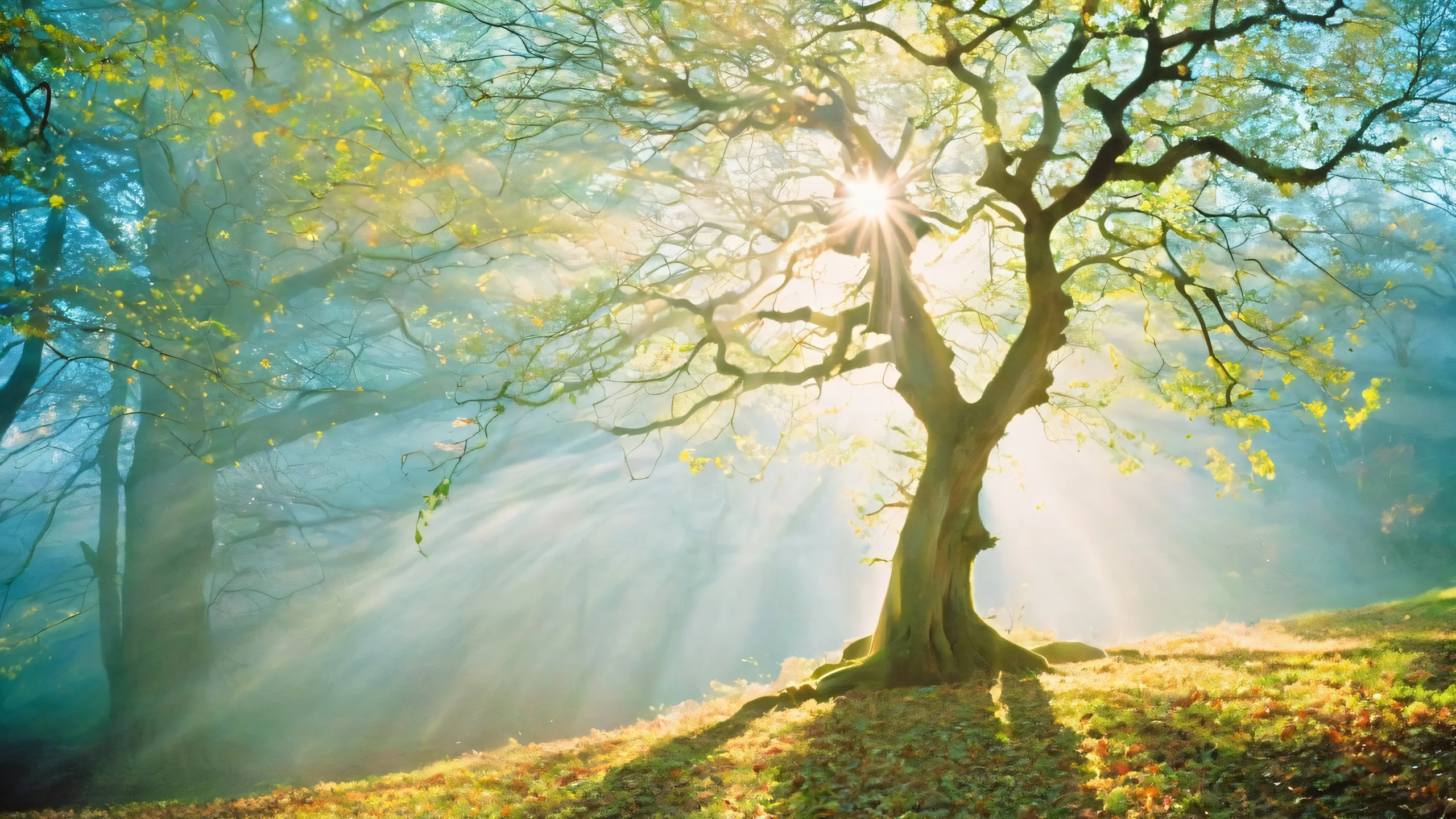 A mystical tree of life on a misty forest glade for desktop use, perfect for PC or laptop backgrounds.