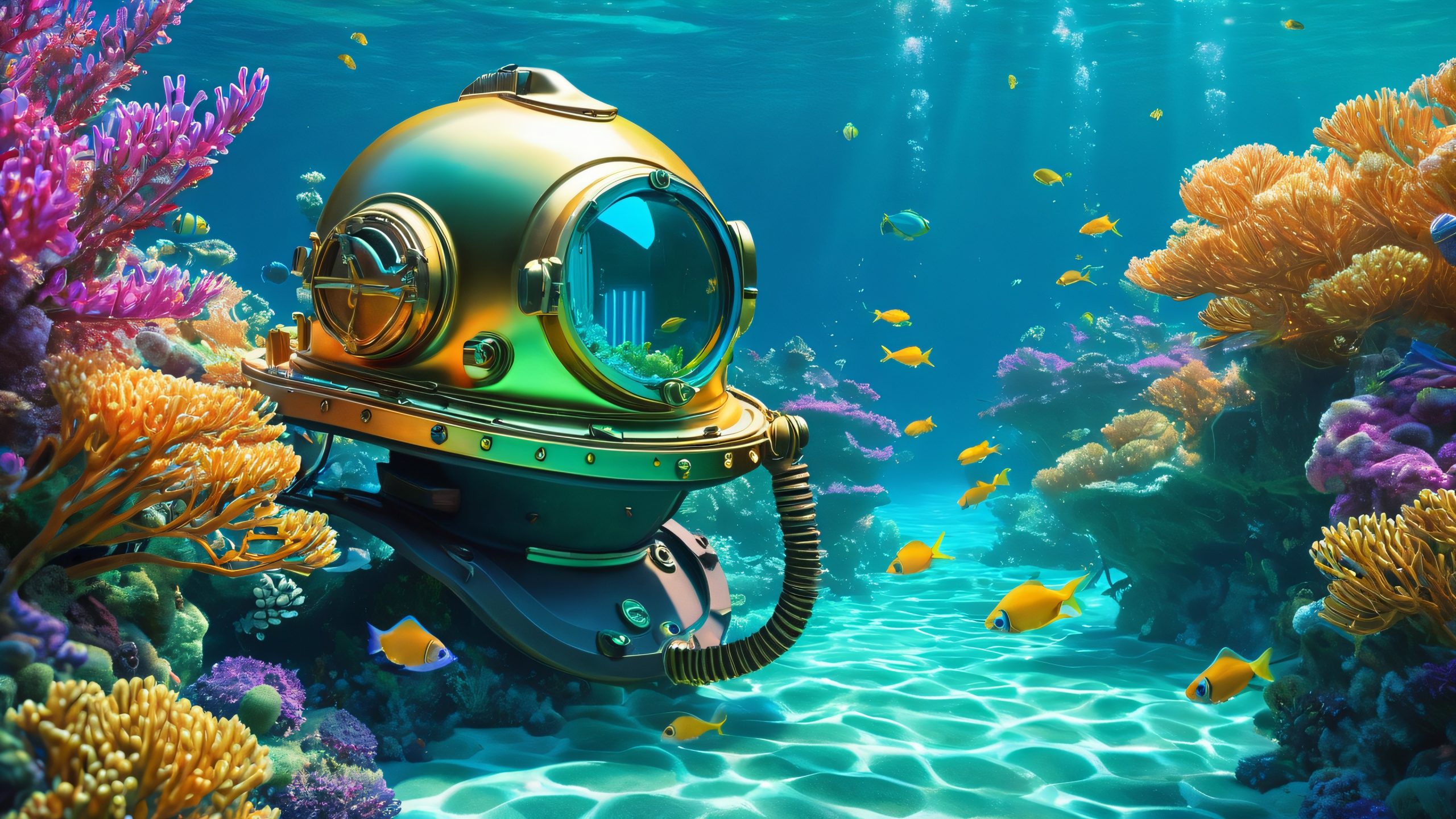 Vintage diving helmet in an underwater city with bioluminescent organisms and fish, suitable for desktop/PC