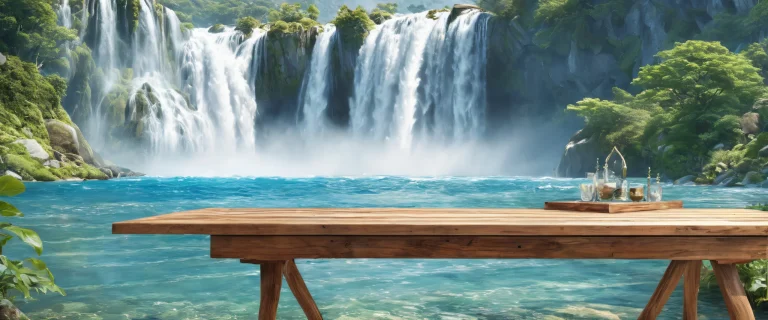 A serene desktop image of a waterfall flowing onto an old wooden table, perfect for your PC or laptop's background.