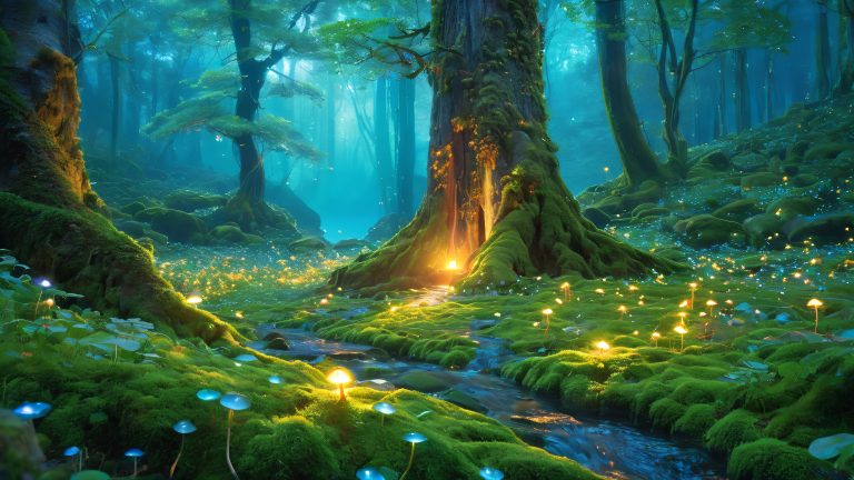 mystical waterfall wallpaper fireflies mushrooms 4k scaled