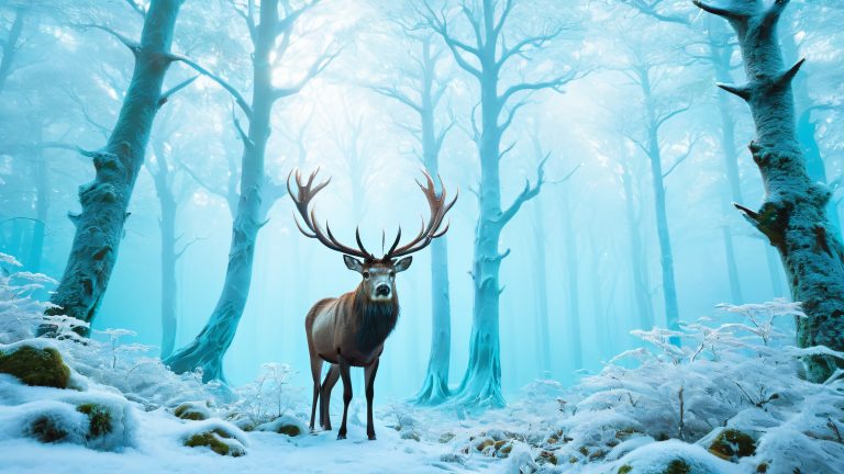 mystical winter forest wallpaper with glowing stag and ethereal light scaled