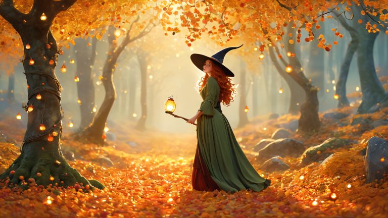mystical witch among golden leaves 4k wallpaper scaled