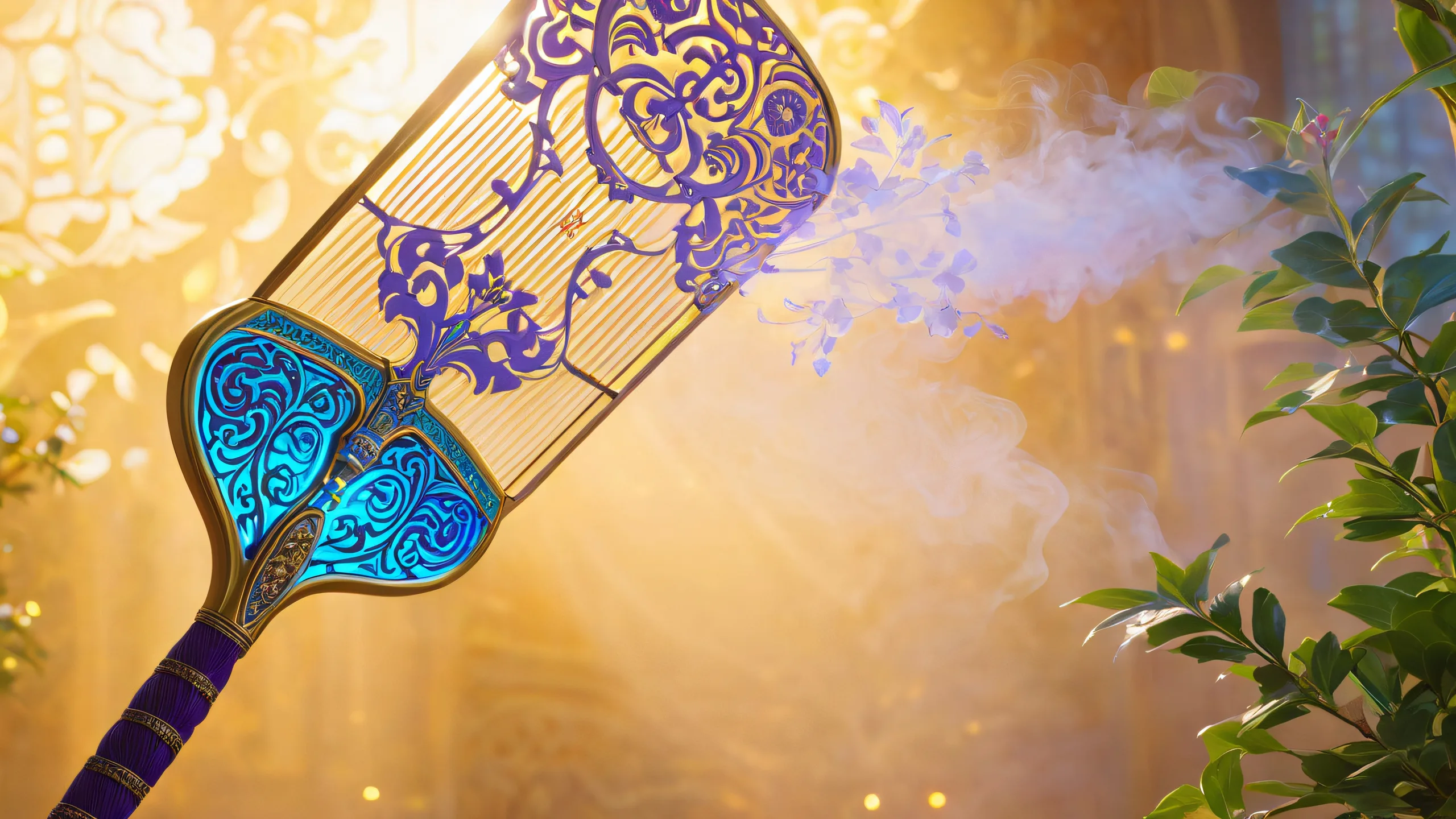 Ancient electric fly swatter with glowing runes held by Yae Miko on a dimly lit desktop/PC background.