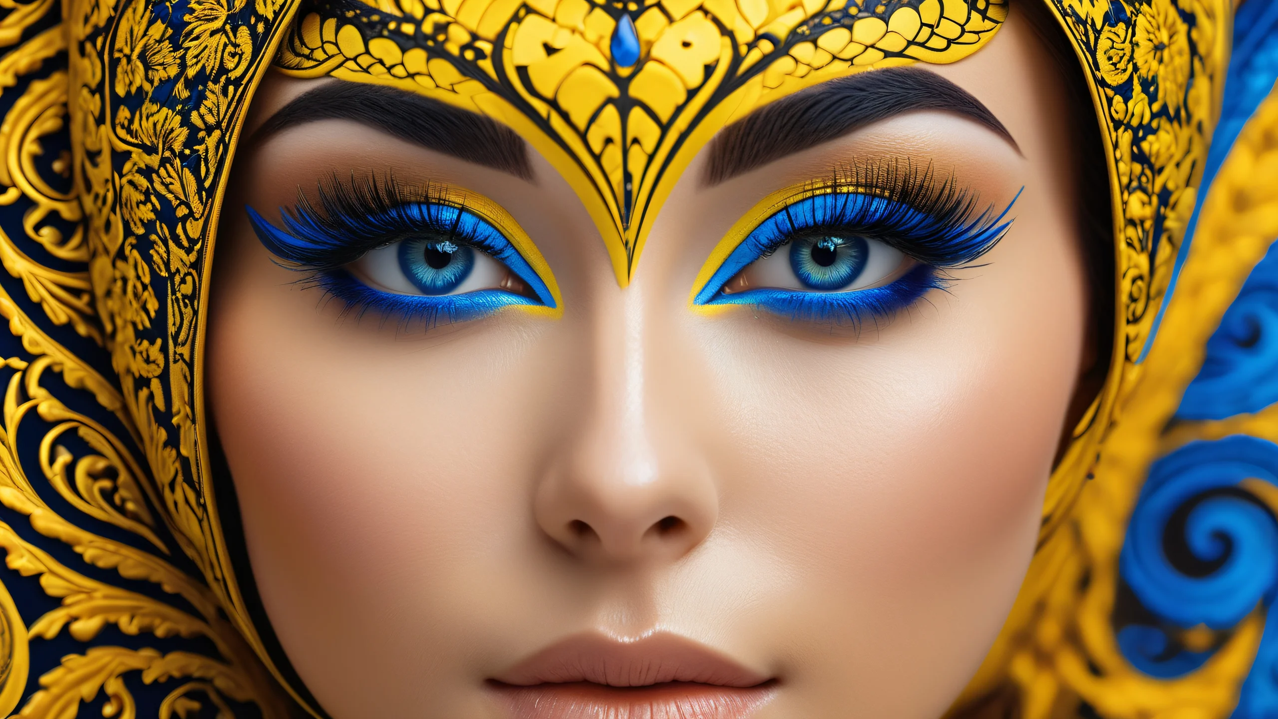 4K Mythic Celestial Realms Desktop Background A majestic fantasy scene with a face set against a backdrop of intricate patterns and contrasting shadows in shades of yellow, blue, and black.