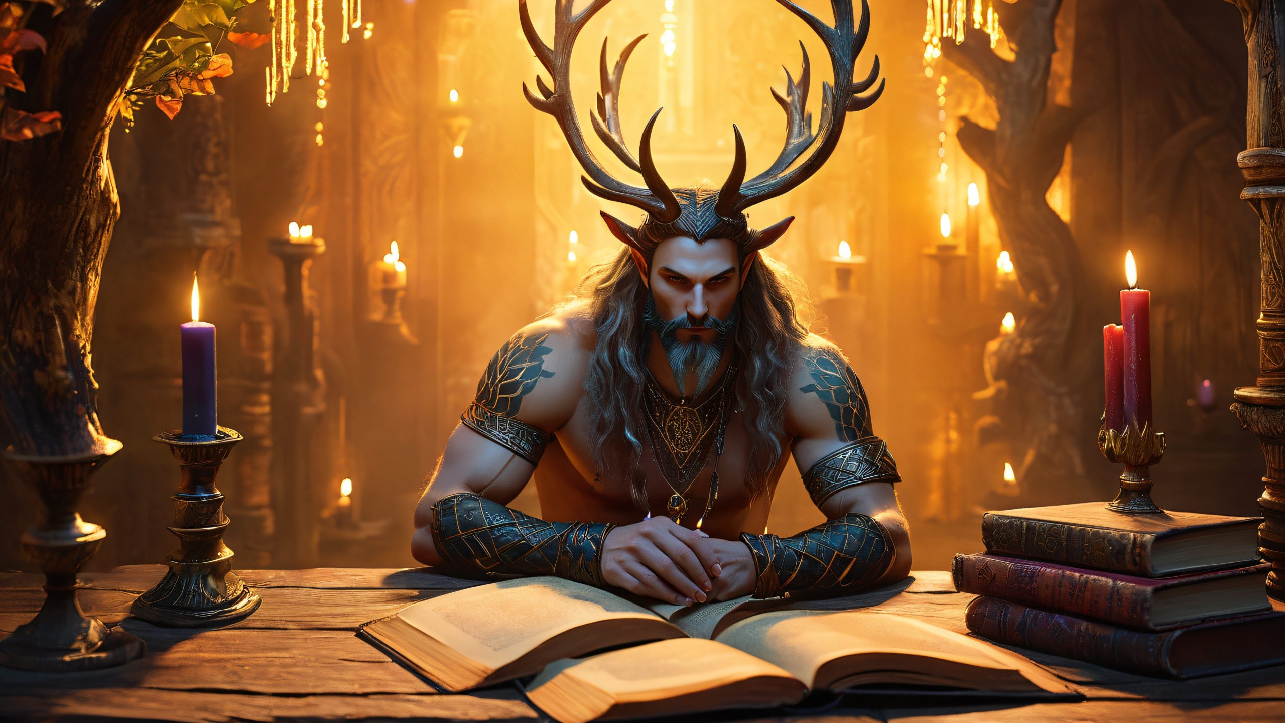 An illustration of a Leshen sitting on a pile of ancient tomes and scrolls, surrounded by soft light and musty scents, suitable for desktop/PC use