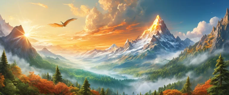A stunning desktop background featuring mythic creatures, lush forests, misty mountains, and celestial skies on a Desktop/PC.