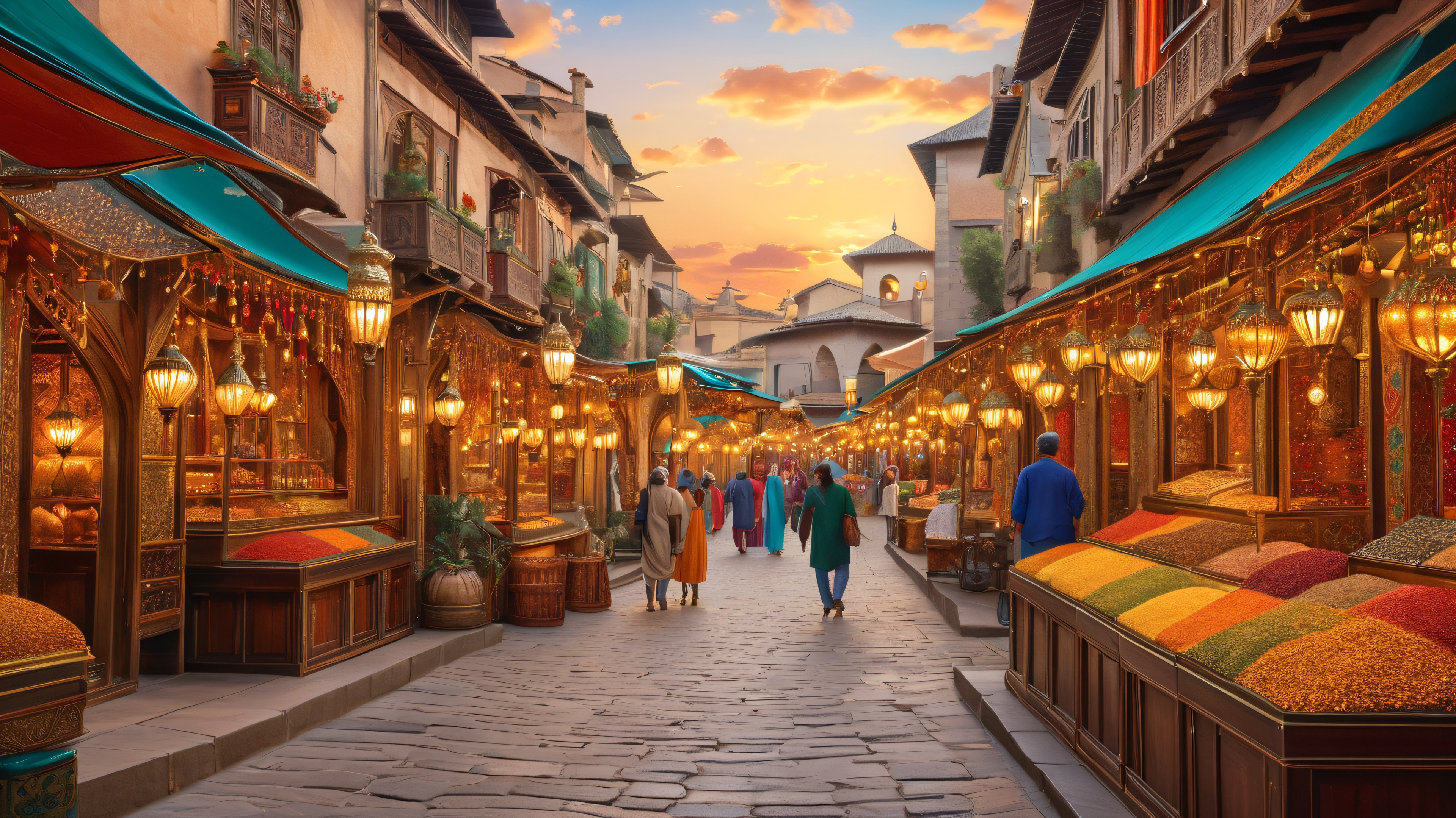 A grand marketplace with intricate architecture, ornate stalls, and brass fixtures, inspired by a mythical city.
