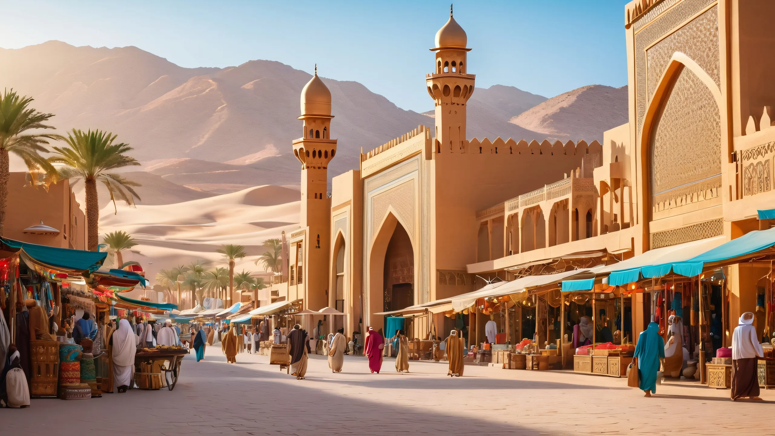 Bustling marketplace in Najran City with mosques, souks, and camels at dawn/dusk on a desert cityscape.