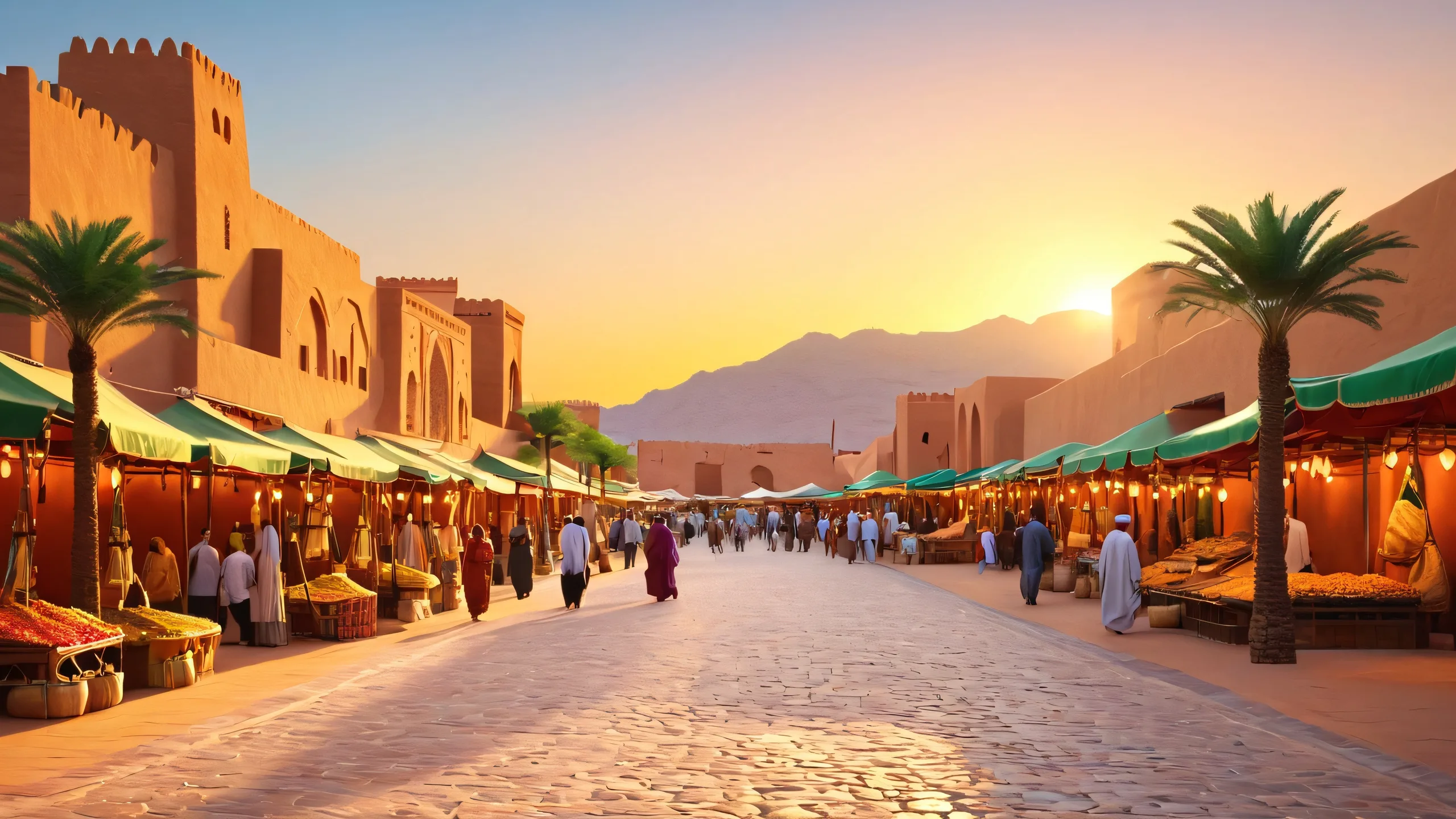 4K Sunset Najran Market Bustle Desktop Background Ancient Najran cityscape desktop wallpaper with traditional architecture and market stalls on a warm desert sunset backdrop, featuring people in traditional clothing, camels, donkeys, palm trees, and cobblestone streets.