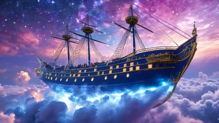 Majestic skyship soars through purple and blue clouds on a desktop or PC, with intricate latticework patterns and shimmering stars.
