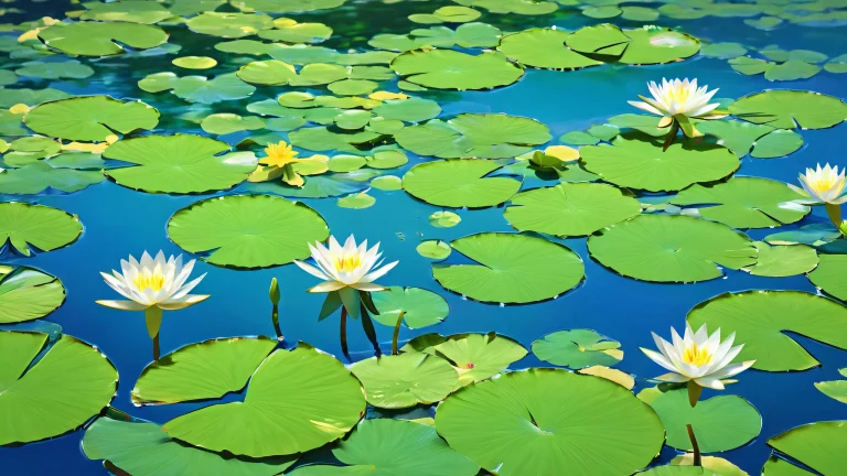 A serene illustration of nenuphar flowers surrounded by lush greenery and soft blue hues.