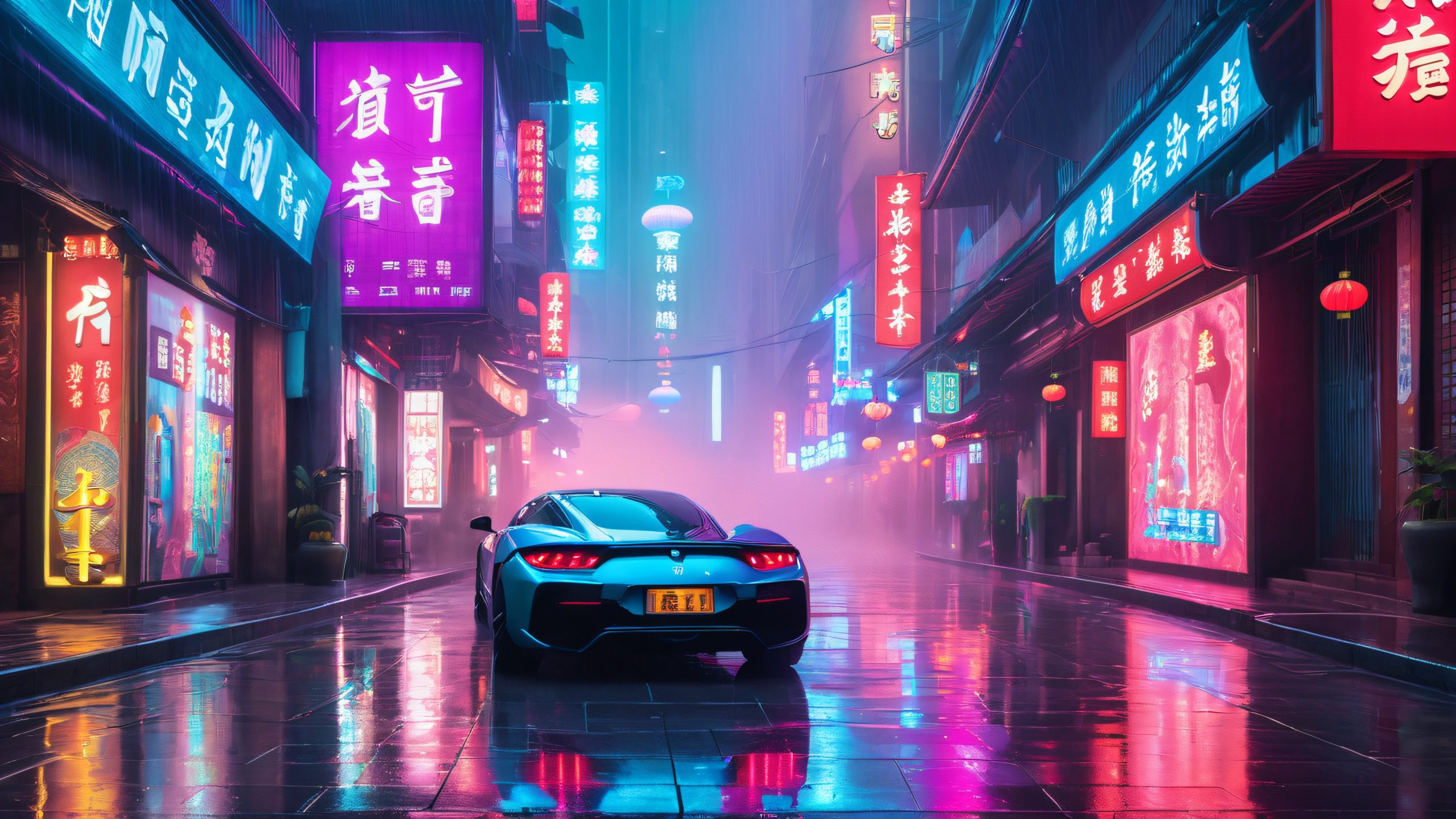 Misty, neon-lit alleyway for desktop/pc with ancient and modern architecture, pedestrians, and sports car