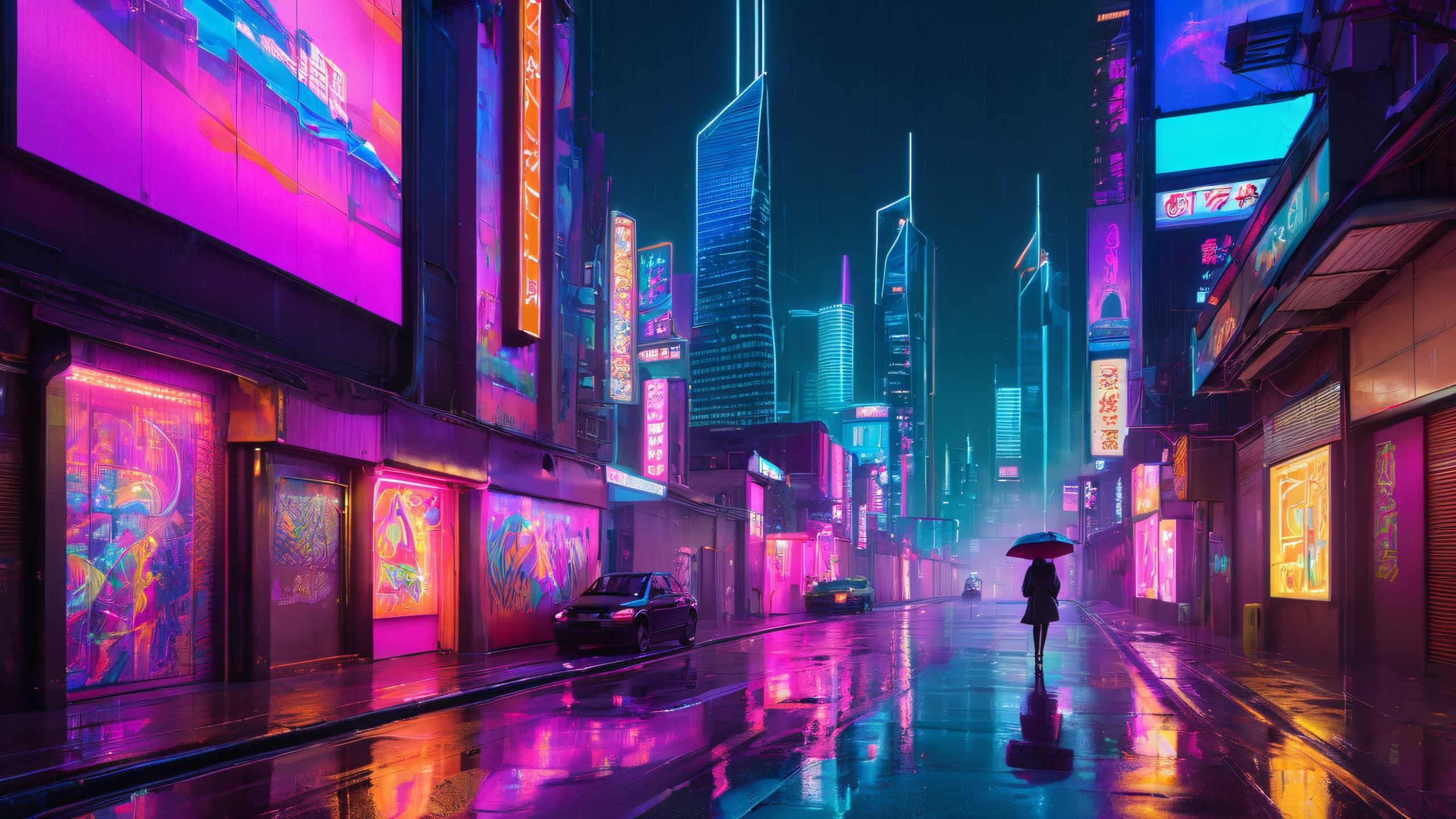 A lone figure walking down a neon-lit alleyway on a dark and rainy night, surrounded by towering skyscrapers and city lights on a desktop or PC.