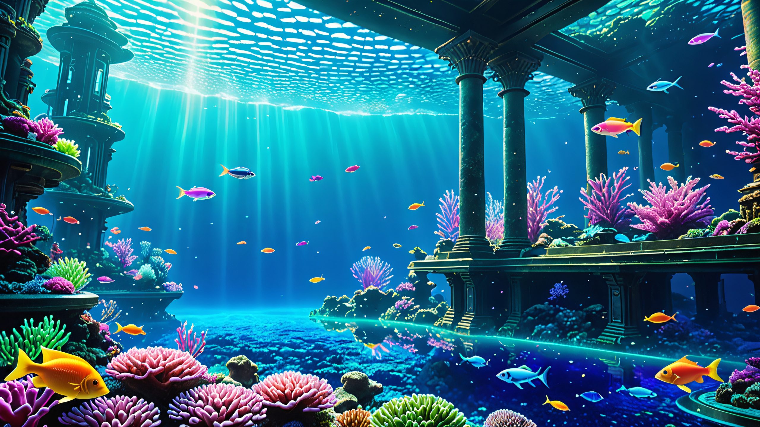 Surreal, neon-lit aquarium desktop background for PC or Desktop, featuring vibrant fish and seaweed, undulating waves, and pulsing LED lights.