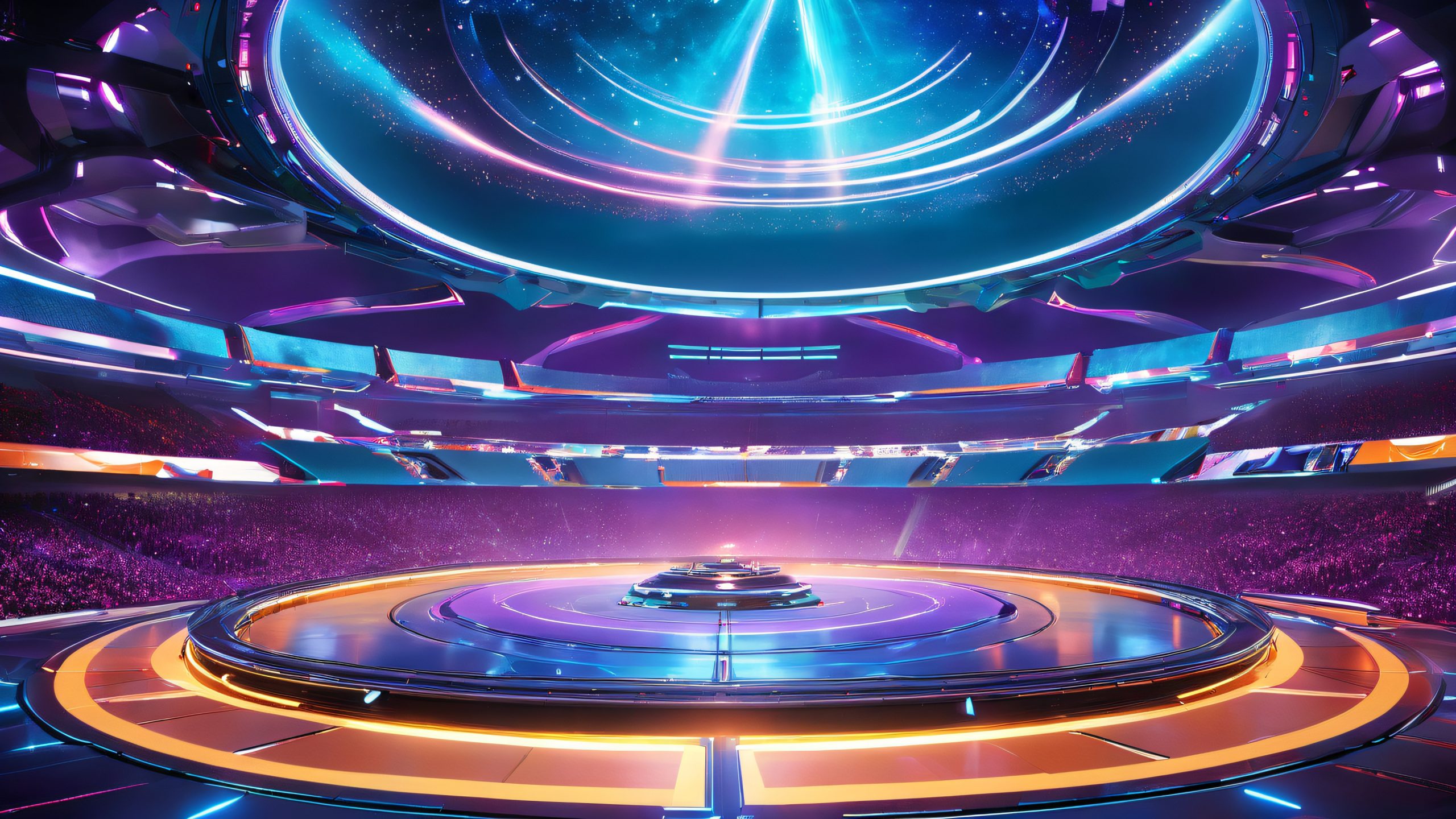 Futuristic arena desktop wallpaper with robotic battle scene, for PC and desktop use.