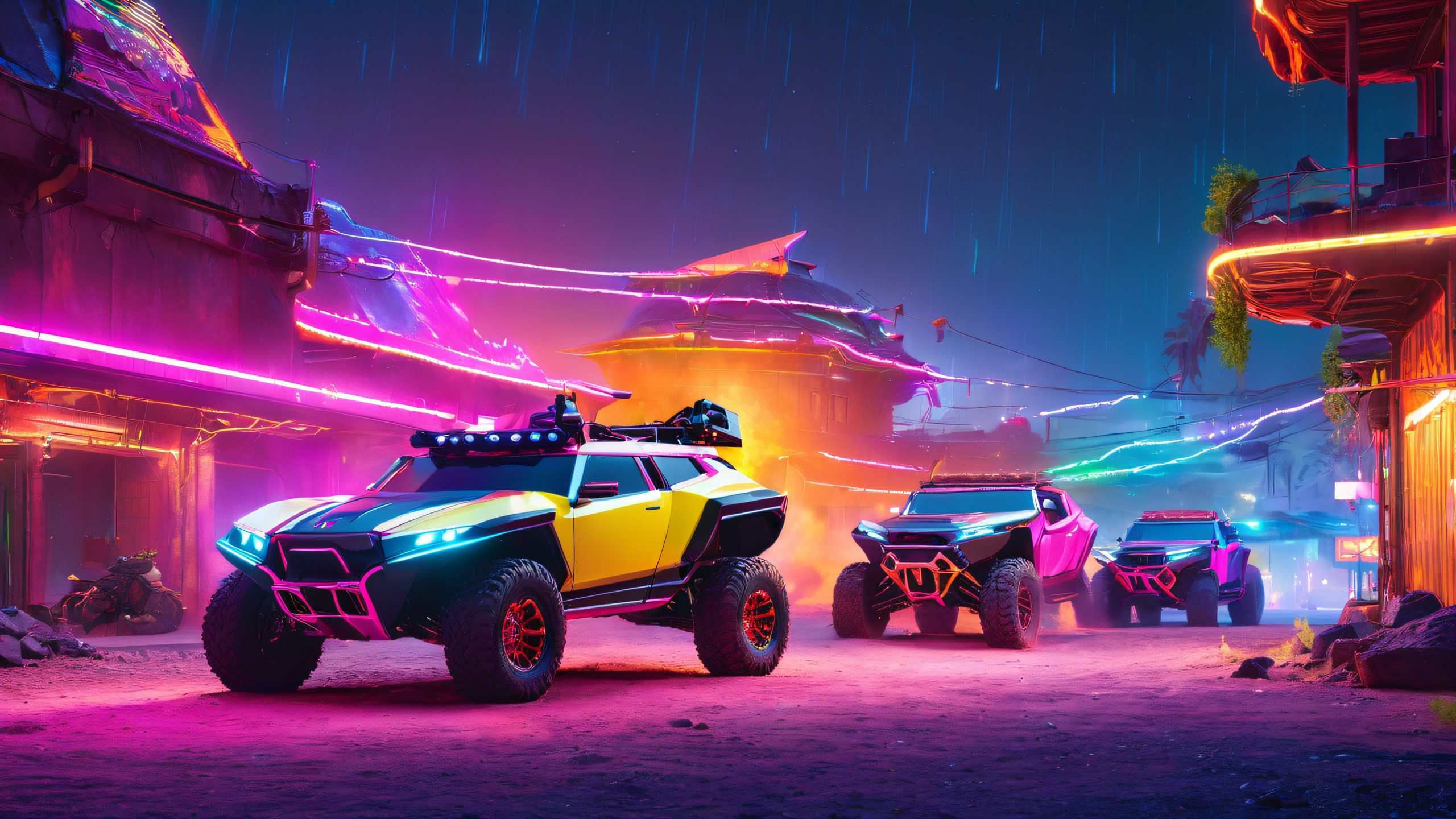 Futuristic battlecars illuminated by LED lights on a post-apocalyptic wasteland Desktop/PC background