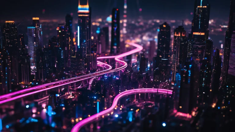 High-tech circuit boards with intricate wire harnesses and futuristic cityscape in the background.