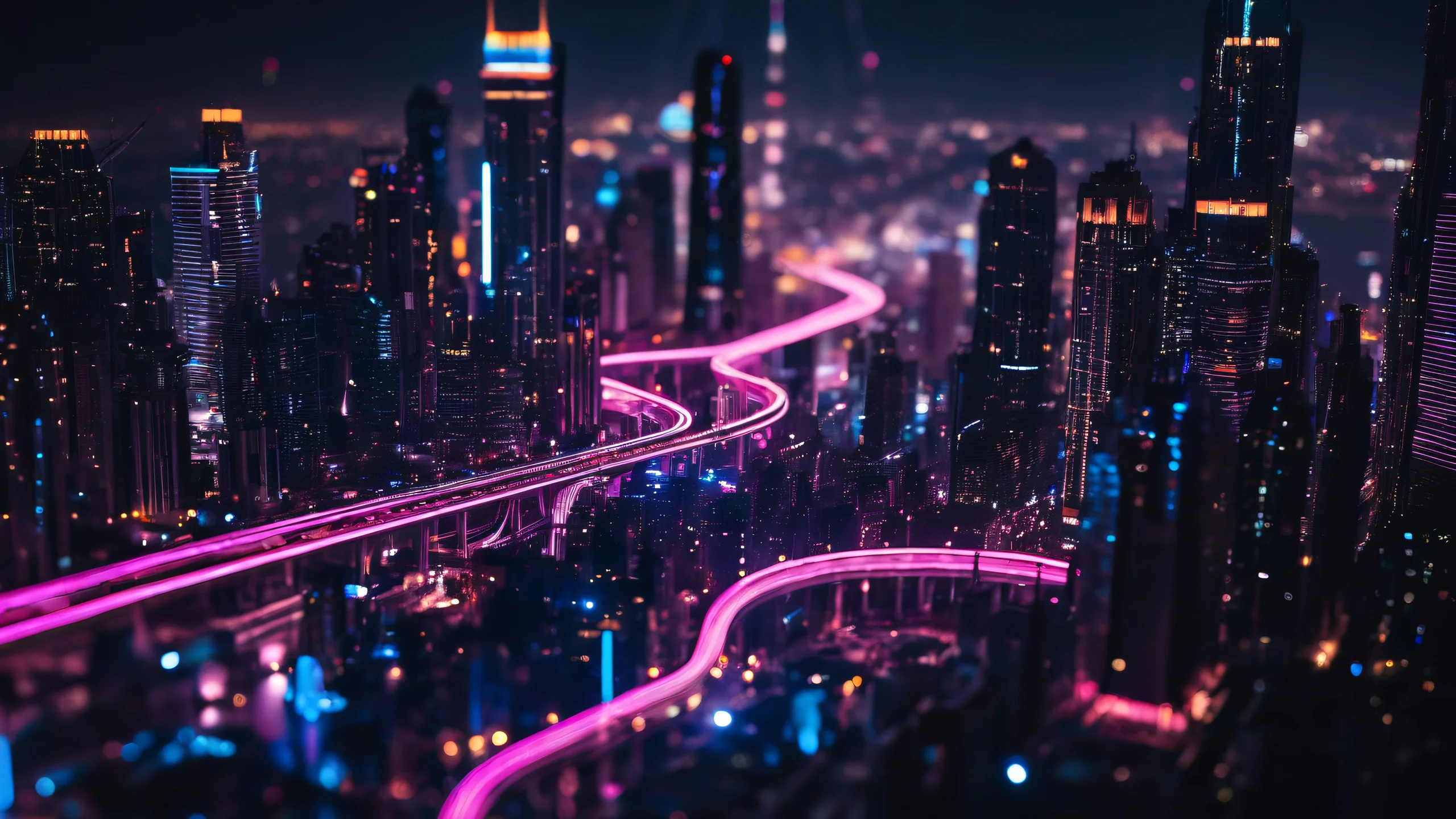 Aesthetic Neon Circuit Dreamscape Background High-tech circuit boards with intricate wire harnesses and futuristic cityscape in the background.